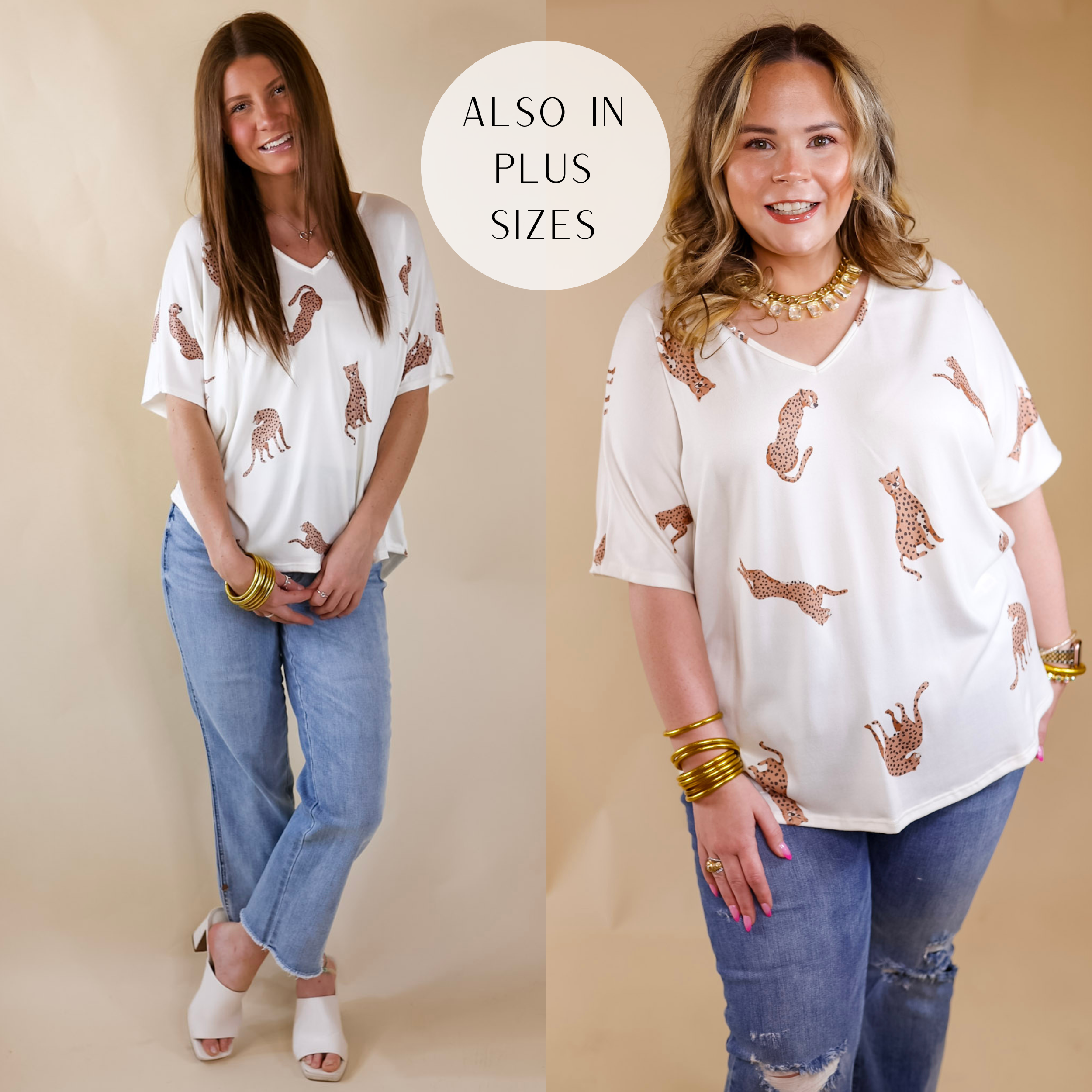 Models are wearing an ivory v neck top with short sleeves and cheetahs printed all over. Size small model has it paired with light wash jeans and ivory heels. Size large model has it paired with distressed jeans and gold jewelry..