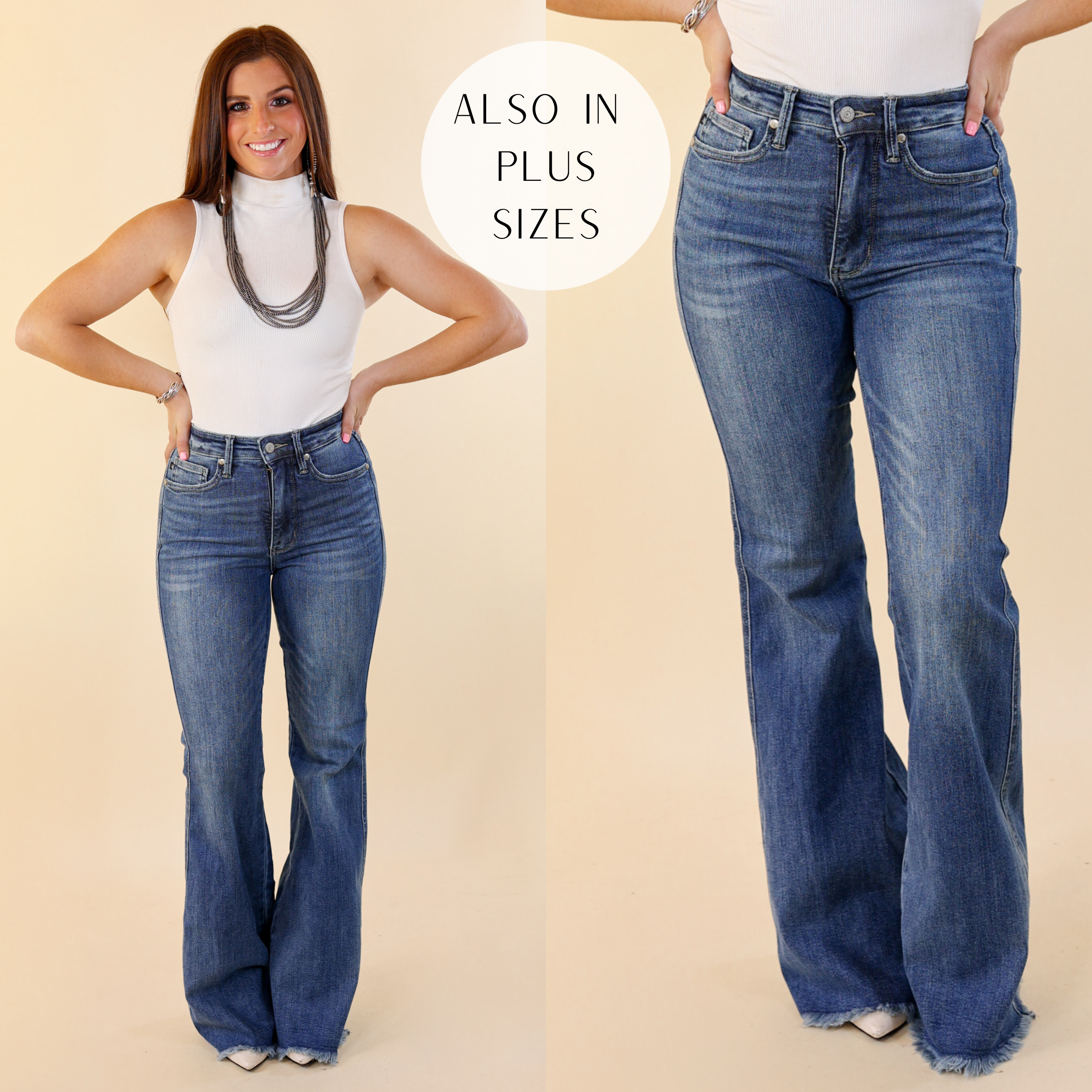 Model is wearing a pair of flare jeans in medium wash with a raw hem. Model has it paired with a white tank top, silver jewelry, and white booties.
