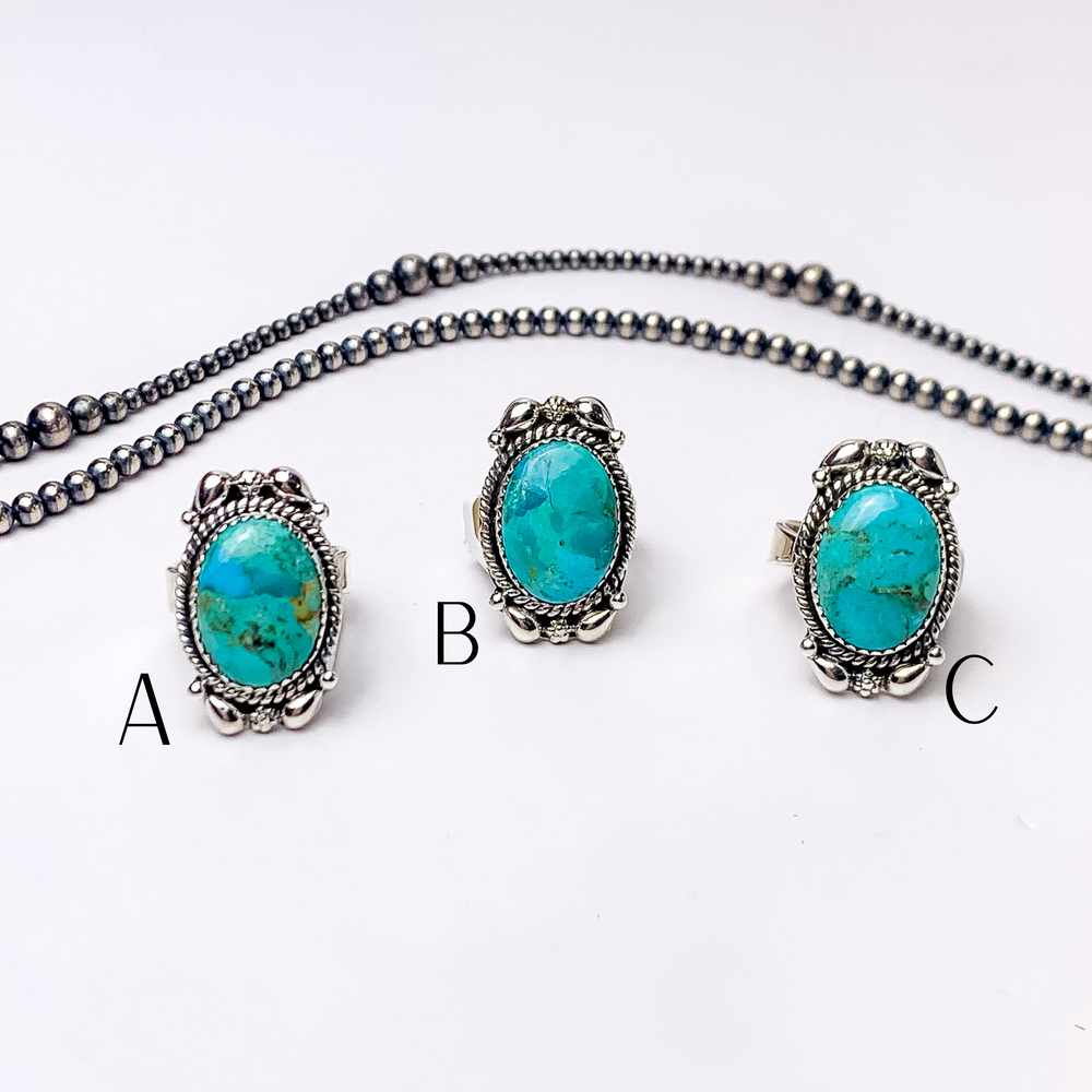 HaDa Collection | Sterling Silver Adjustable Oval Shaped Partial Design Kingman Turquoise Stone Remix Rings - Giddy Up Glamour Boutique