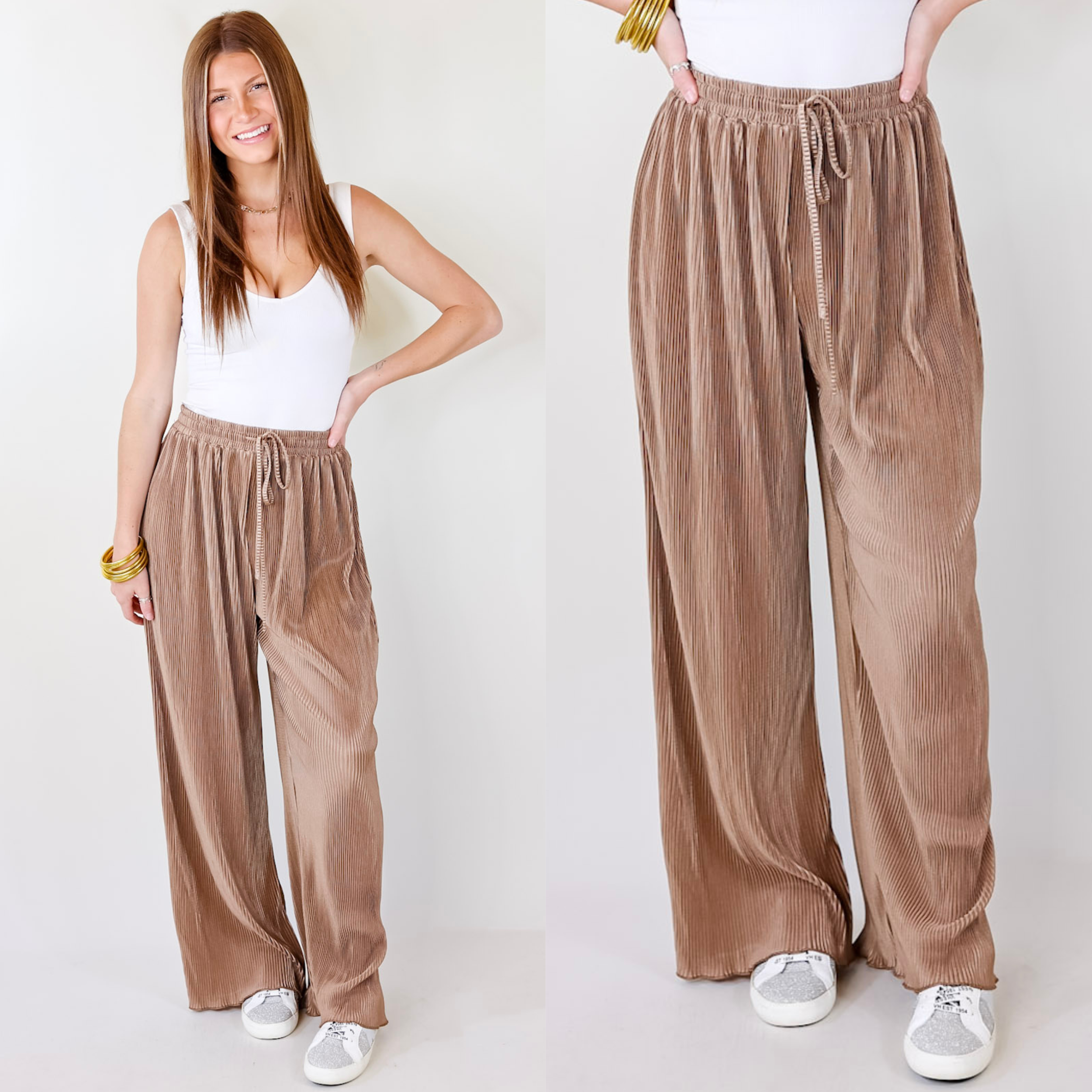 What You Admire Plissé Drawstring Pants in Mocha Brown - Giddy Up Glamour Boutique