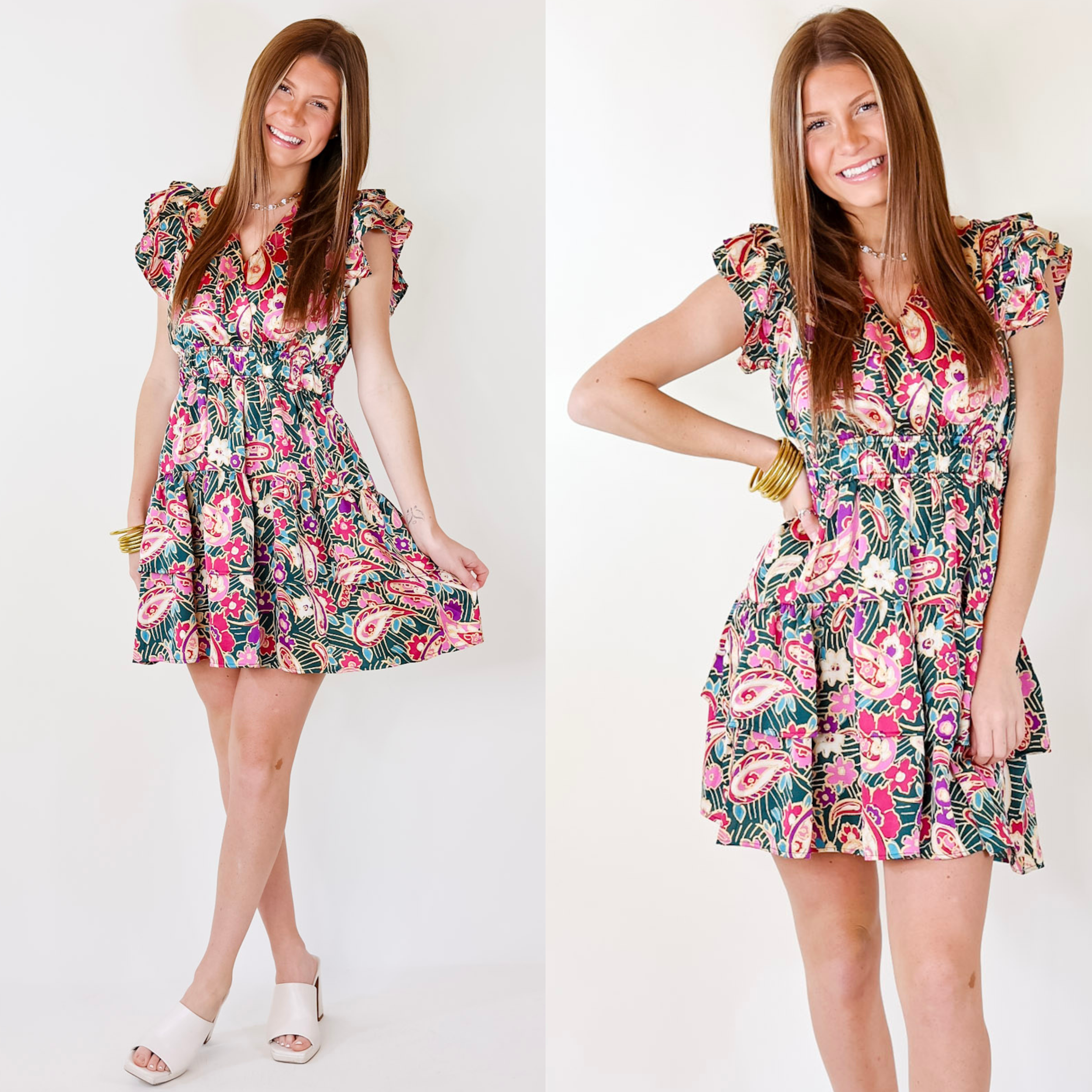 The Perfect Night Floral Ruffle Cap Sleeve Dress in Dark Teal Green - Giddy Up Glamour Boutique