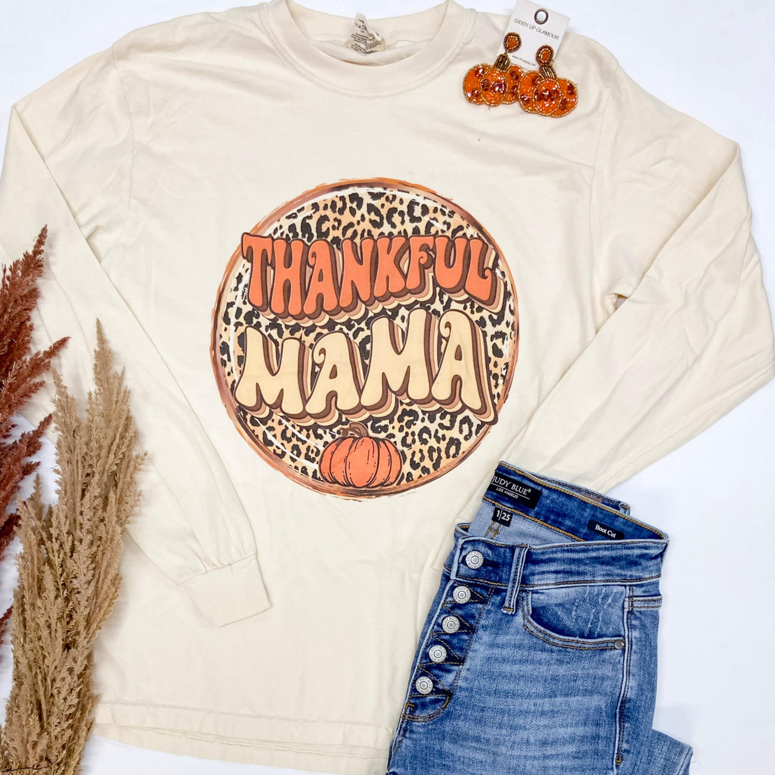 Last Chance Size Medium | Thankful Mama Long Sleeve Graphic Tee in Beige - Giddy Up Glamour Boutique