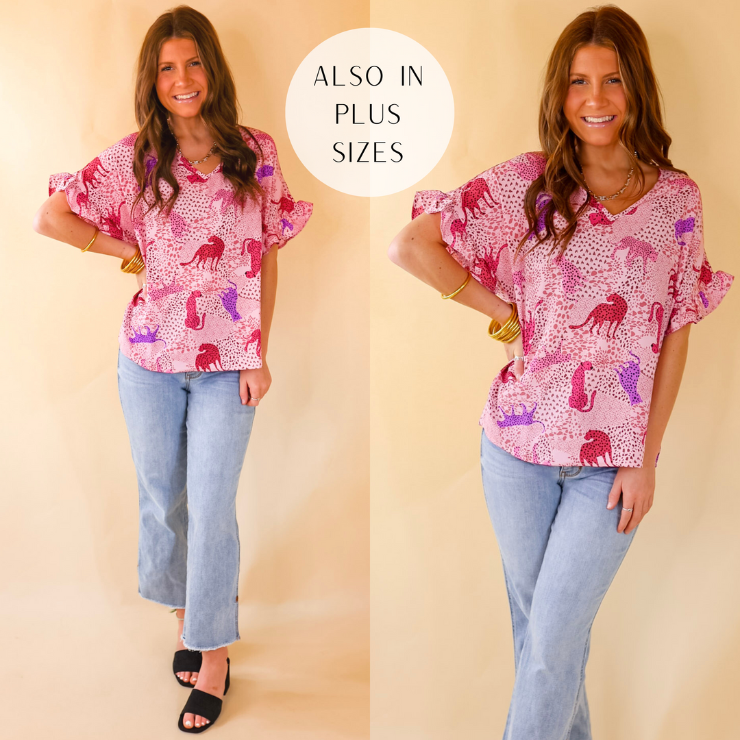 Best Version Cheetah Print V Neck Top with Ruffle Short Sleeves in Pink Mix - Giddy Up Glamour Boutique