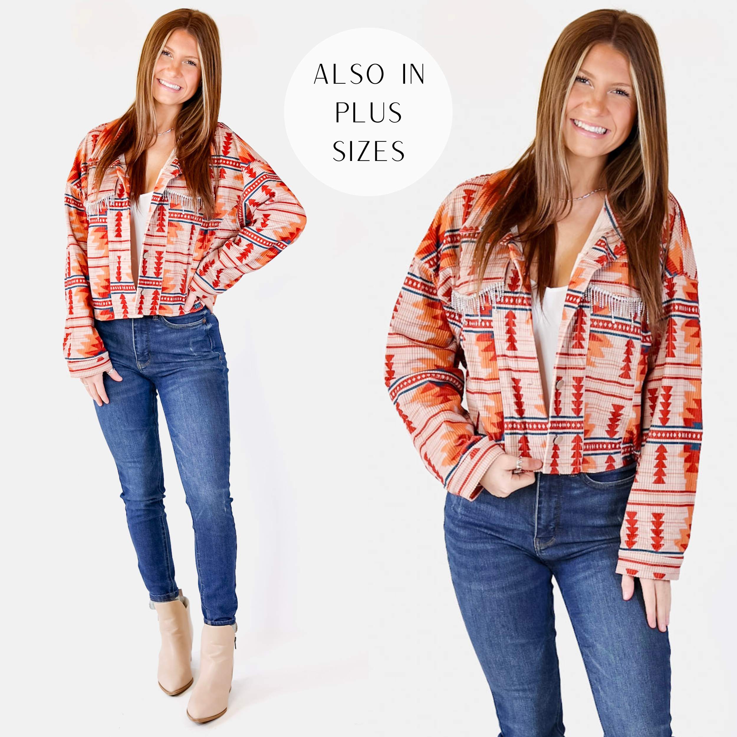 Chic Discovery Button Up Corduroy Aztec Print Jacket with Crystal Fringe in Orange Mix - Giddy Up Glamour Boutique