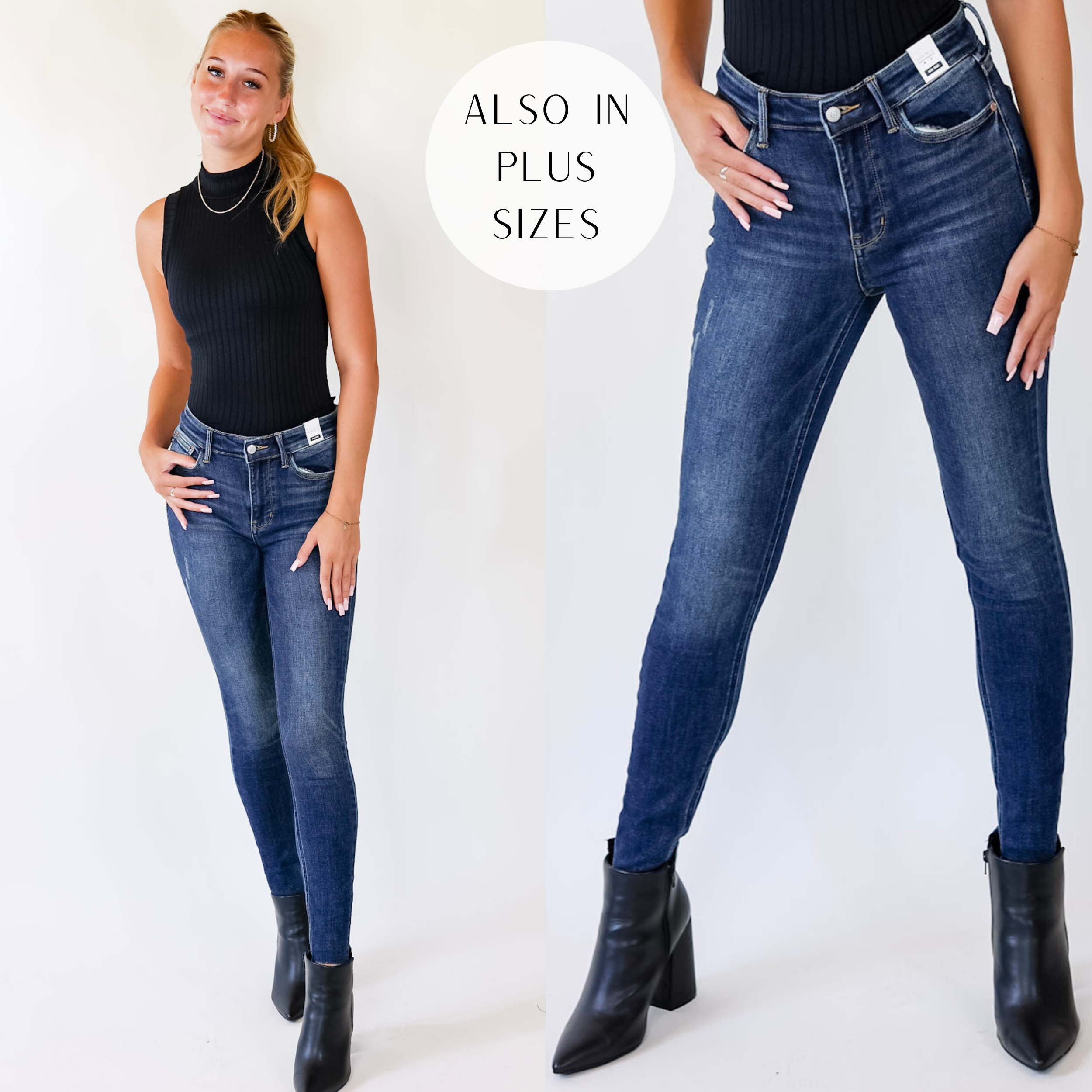 Model is wearing a pair of dark wash skinny jeans with a raw hem. Model has these jeans paired with black booties, a black tank top, and gold jewelry.
