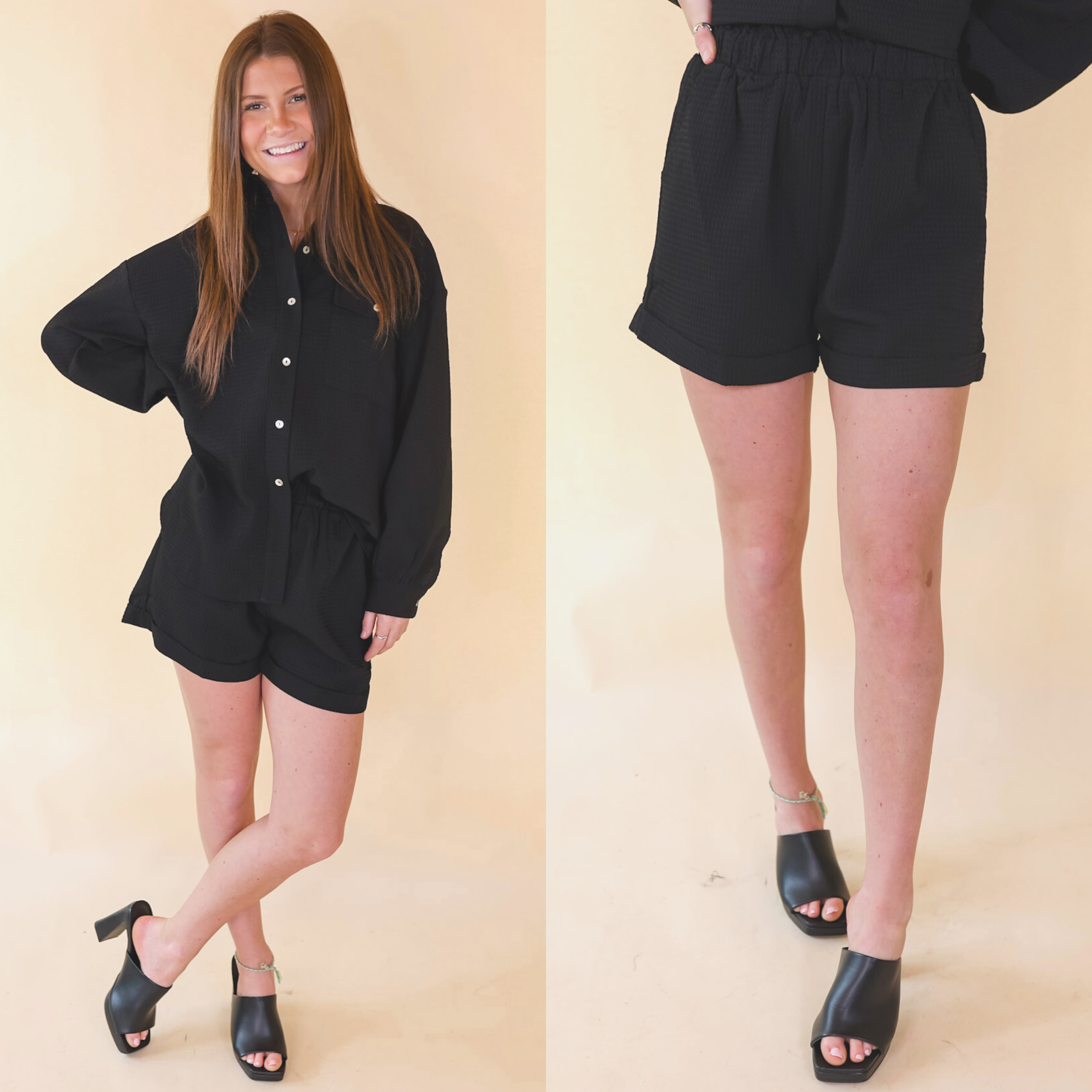Model is wearing a pair of black waffle pattern shorts with an elastic waist and pockets. Model has these shorts paired with the matching top, black heels, and gold jewelry.