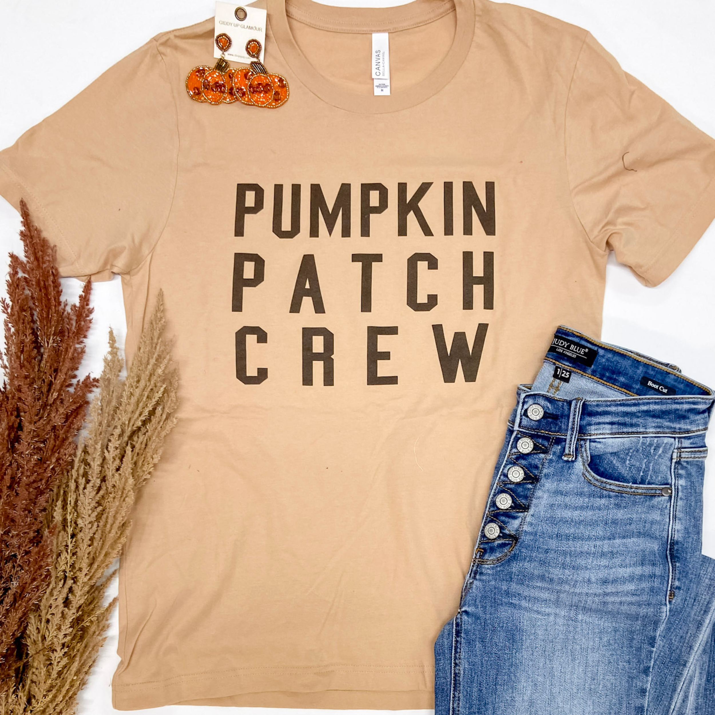 Last Chance Size Medium | Pumpkin Patch Crew Short Sleeve Graphic Tee in Tan - Giddy Up Glamour Boutique