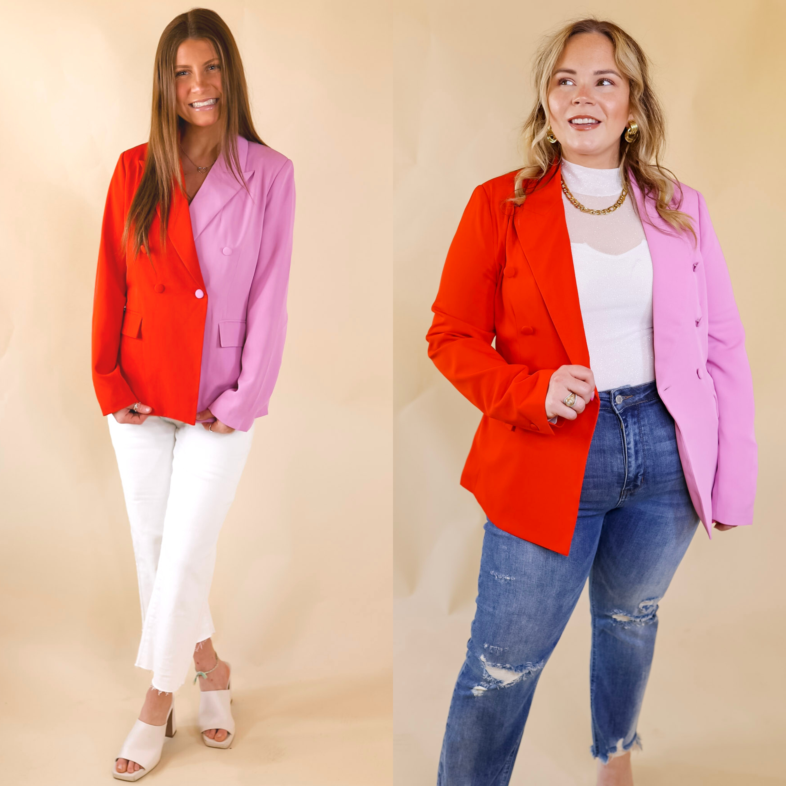 Models are wearing a half pink and half red blazer with long sleeves. Size small model has it paired with white jeans, white heels, and gold jewelry. Size large model has it paired with a white bodysuit, gold jewelry, and distressed jeans. 