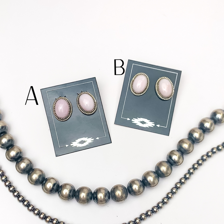 Hada Collection | Handmade Sterling Silver Oval Stud Earrings with Pink Opal Stones - Giddy Up Glamour Boutique