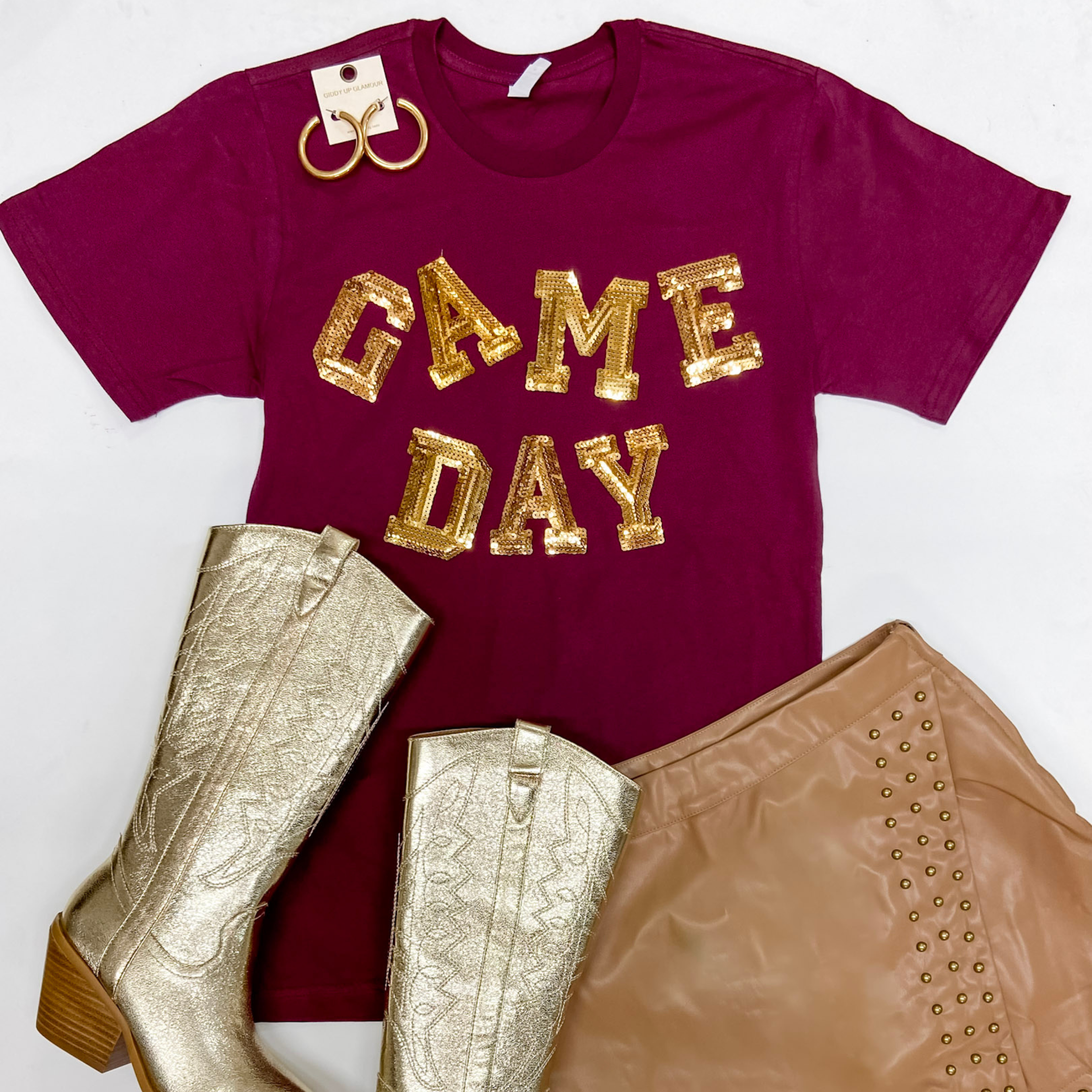 Gameday Gold Sequin Letter Short Sleeve Graphic Tee in Maroon - Giddy Up Glamour Boutique