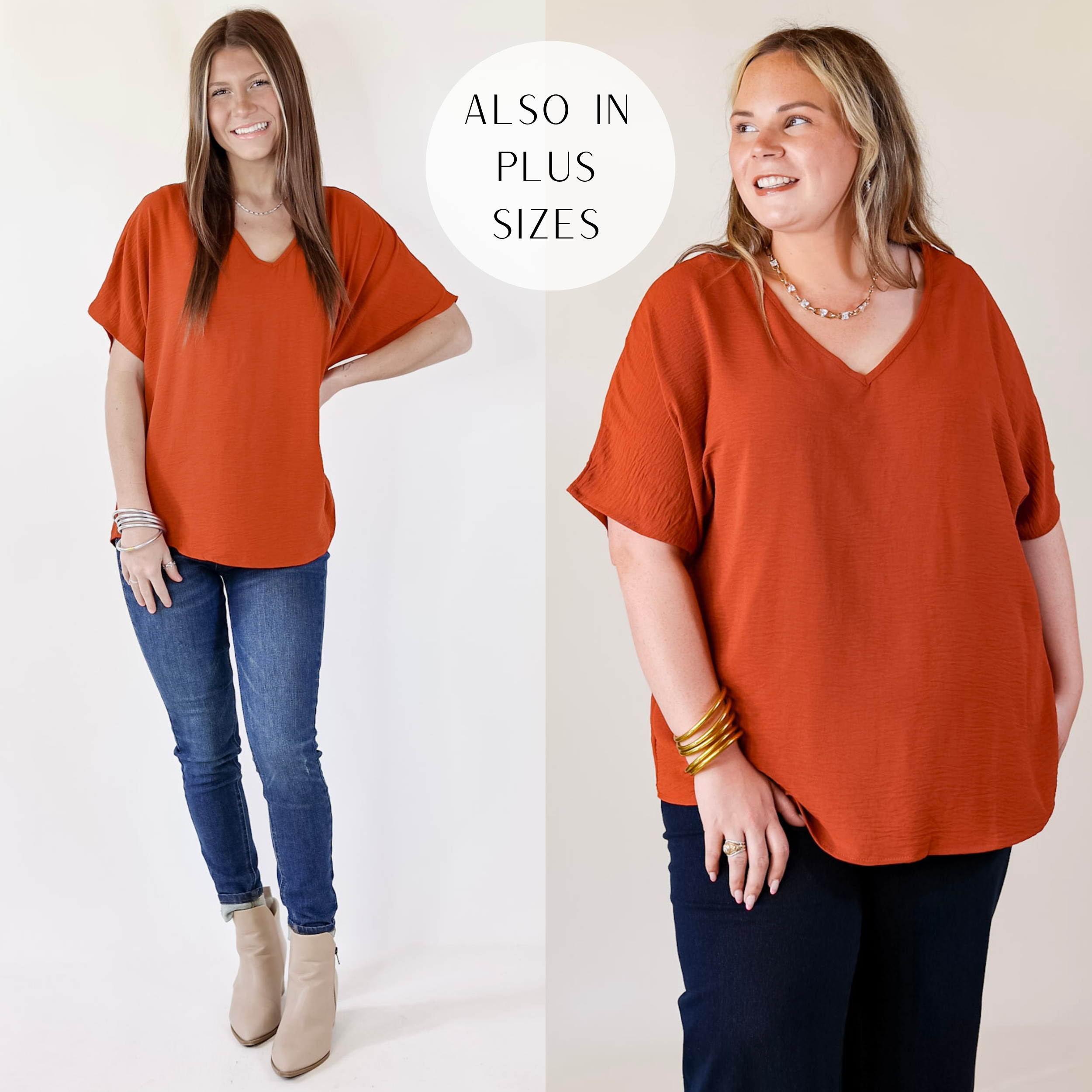 Models are wearing a rust orange top with short sleeves and a v neckline. Size small model has it paired with skinny jeans, nude booties, and silver jewelry. Size large model has it paired with gold jewelry and dark wash jeans.