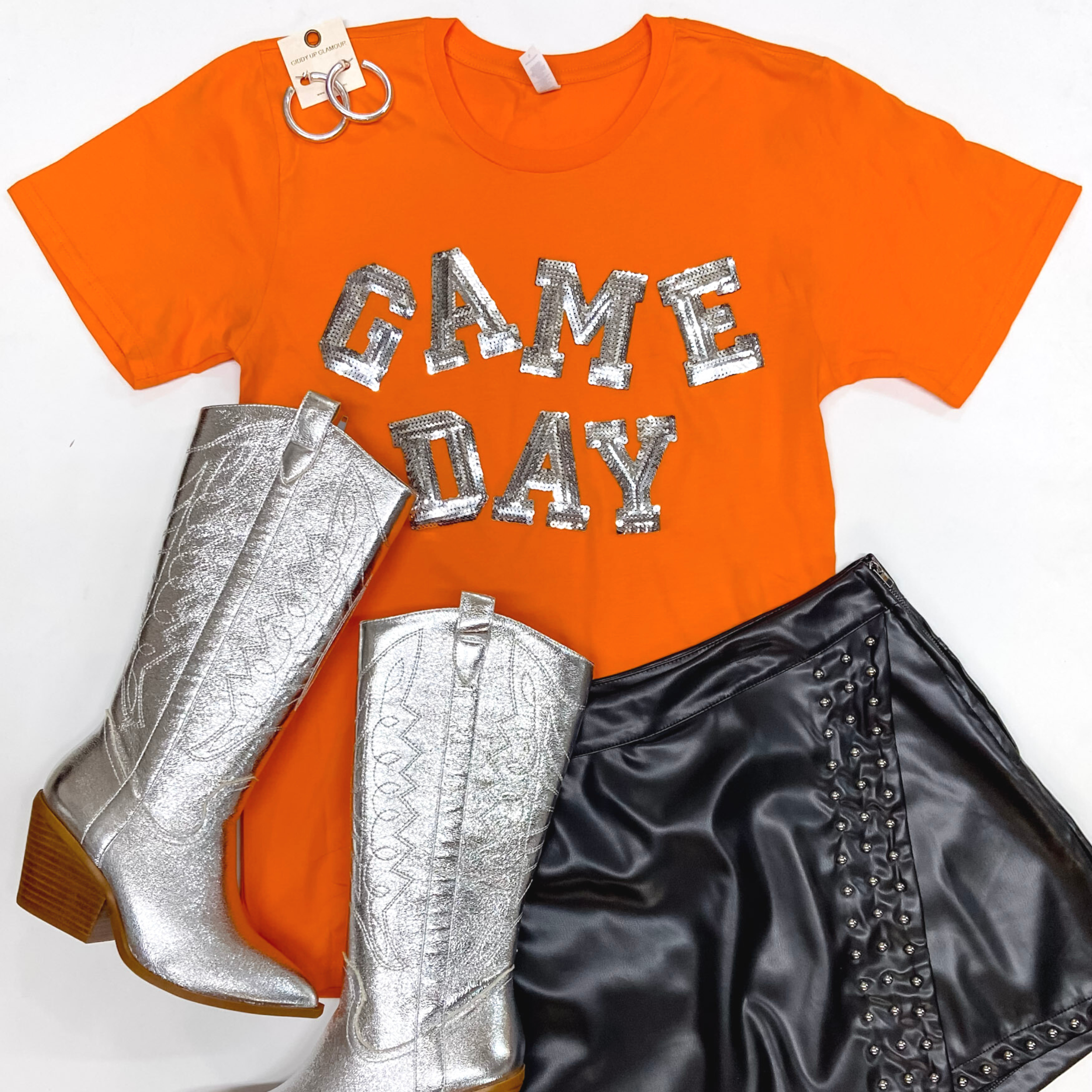 Gameday Silver Sequin Letter Short Sleeve Graphic Tee in Orange