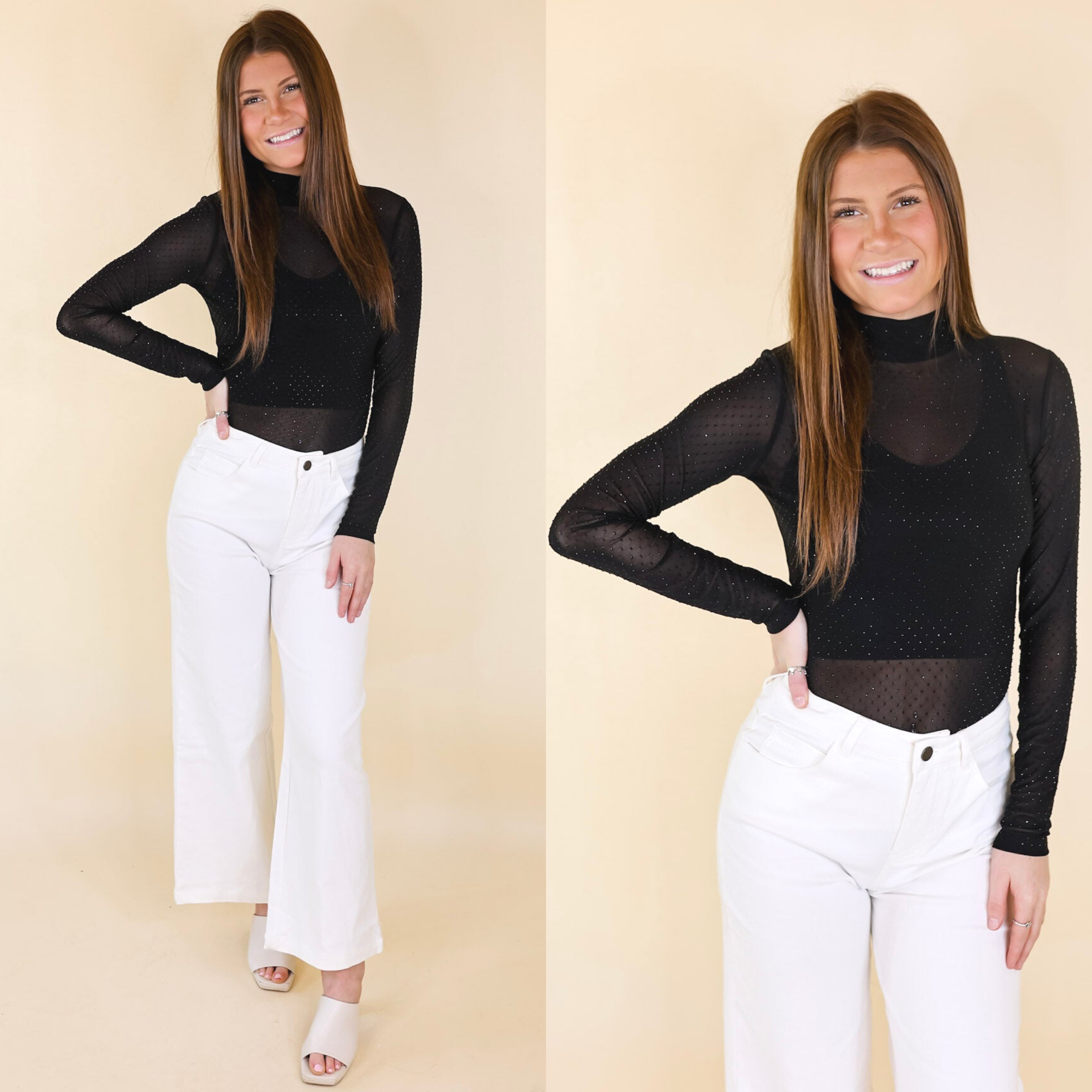 Try Your Luck Crystal Mesh Long Sleeve Bodysuit in Black - Giddy Up Glamour Boutique