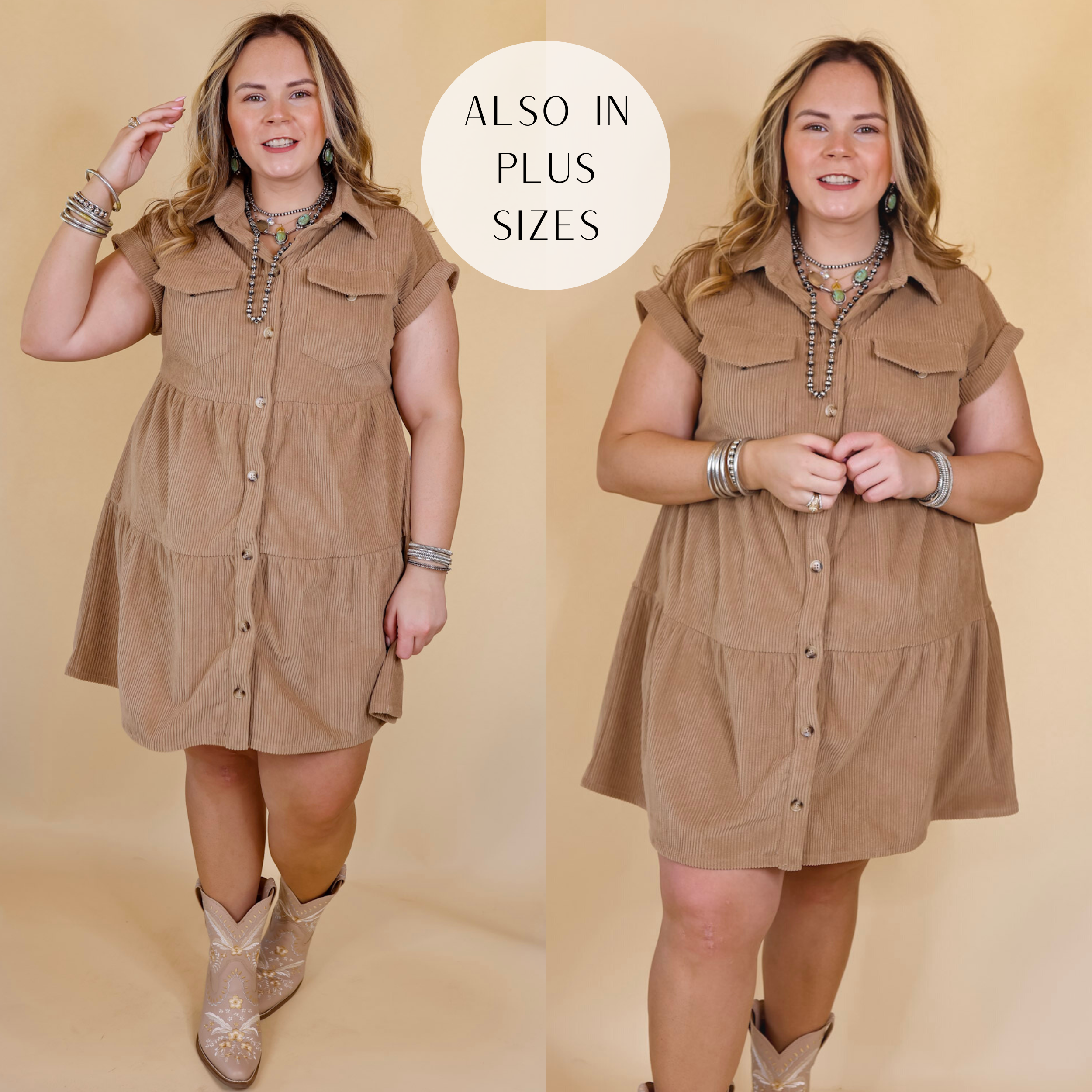 Model is wearing a button down, corduroy dress in taupe. Model has this dress paired with boots and genuine navajo jewelry. Background is solid tan. 