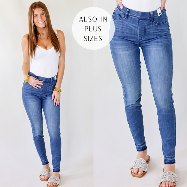 Judy Blue | Free To Dream Elastic Waist Pull On Skinny Jeans with Release Hem in Medium Wash