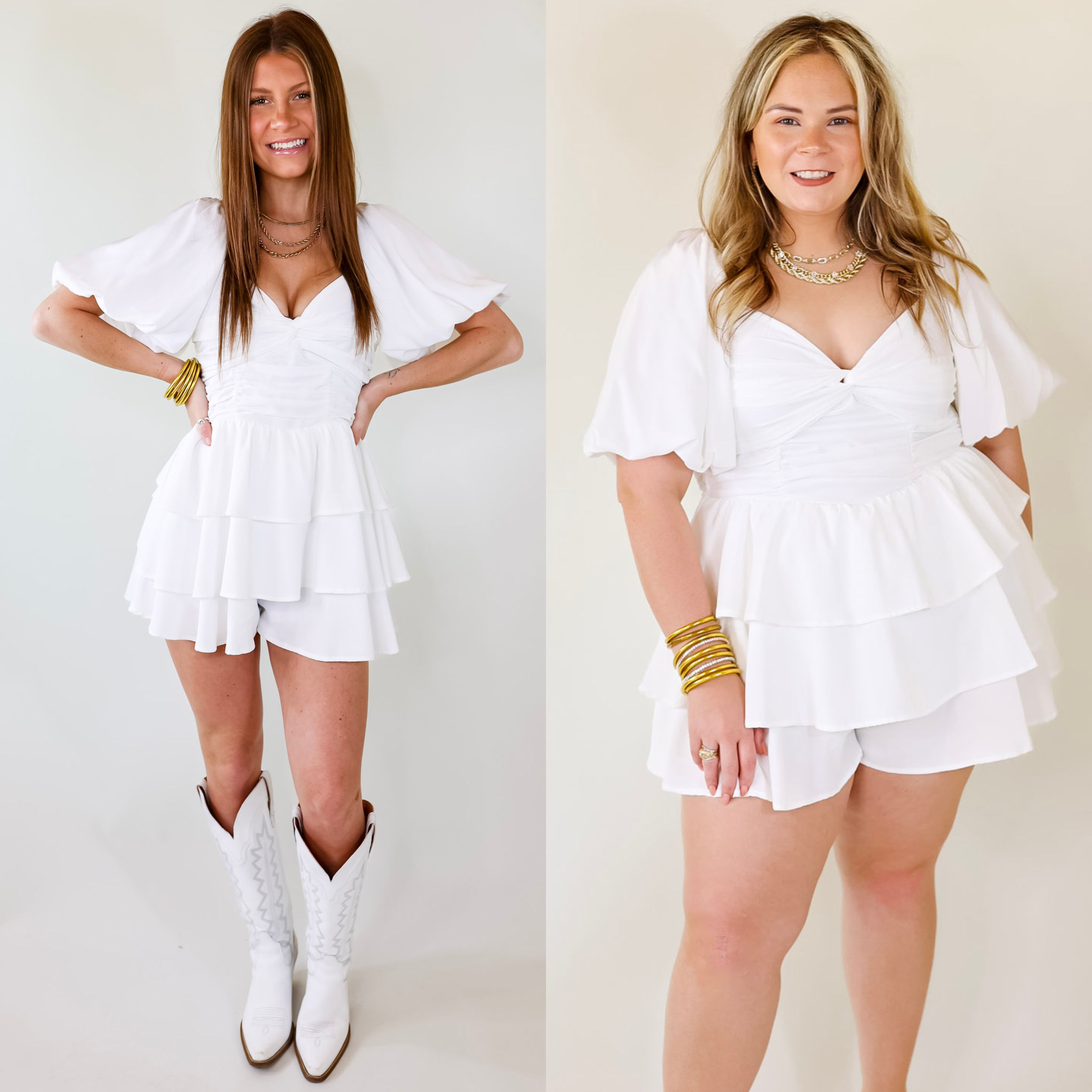 I Want It All Tiered Romper With Puffed Sleeves In White