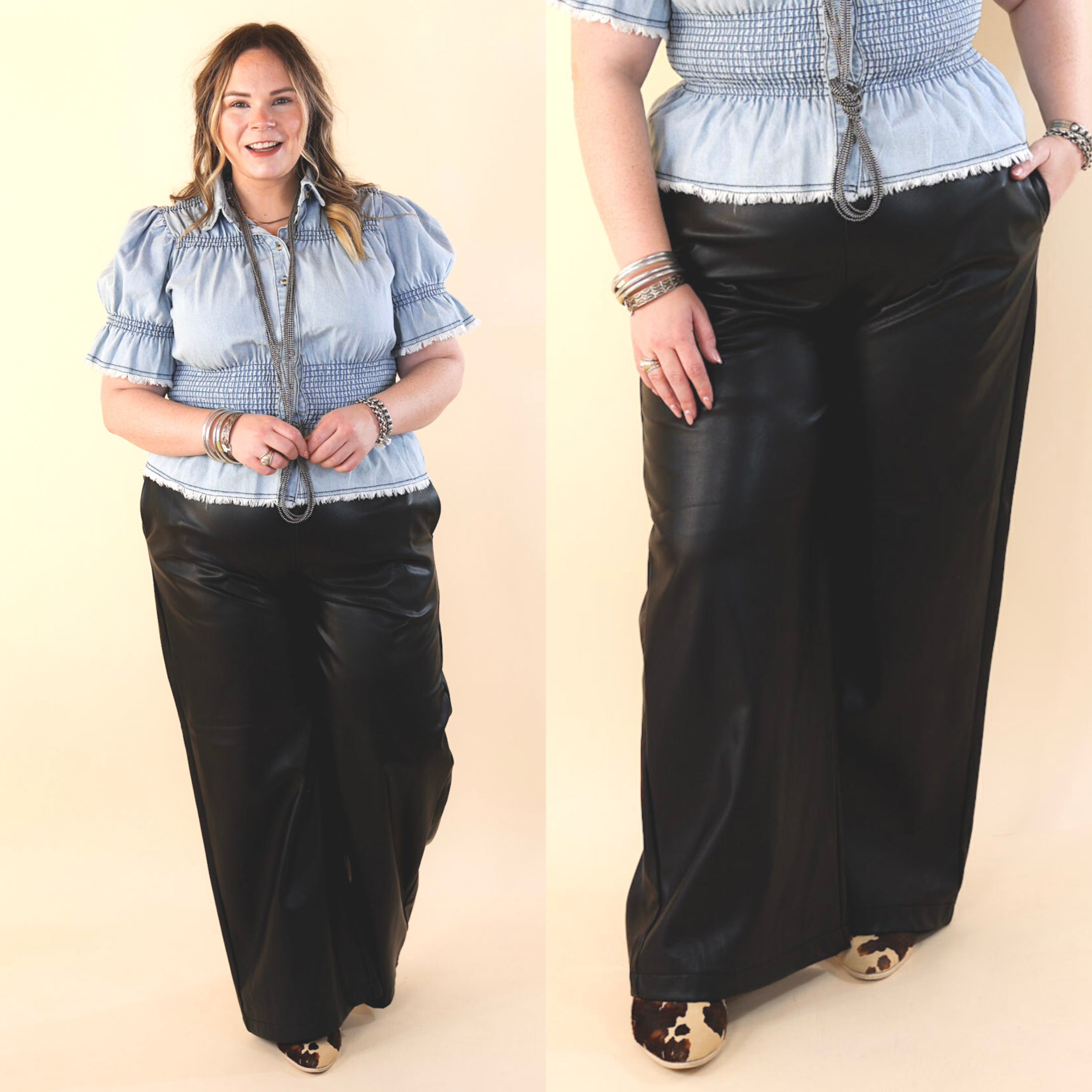 Luxe Feeling Wide Leg Faux Leather Pants in Black - Giddy Up Glamour Boutique