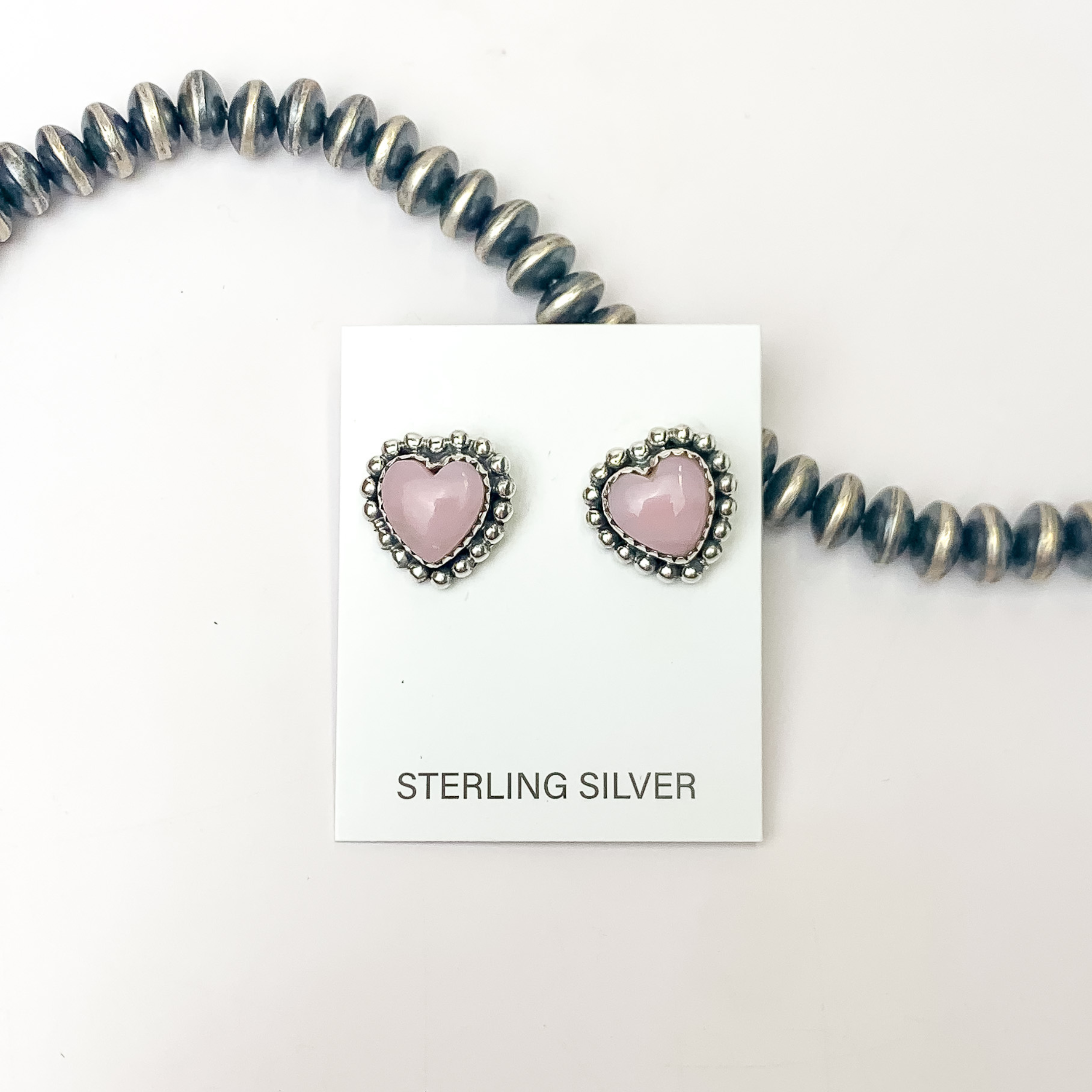 Hada Collection | Handmade Sterling Silver Heart Shaped Stud Earrings with Pink Conch Stones - Giddy Up Glamour Boutique