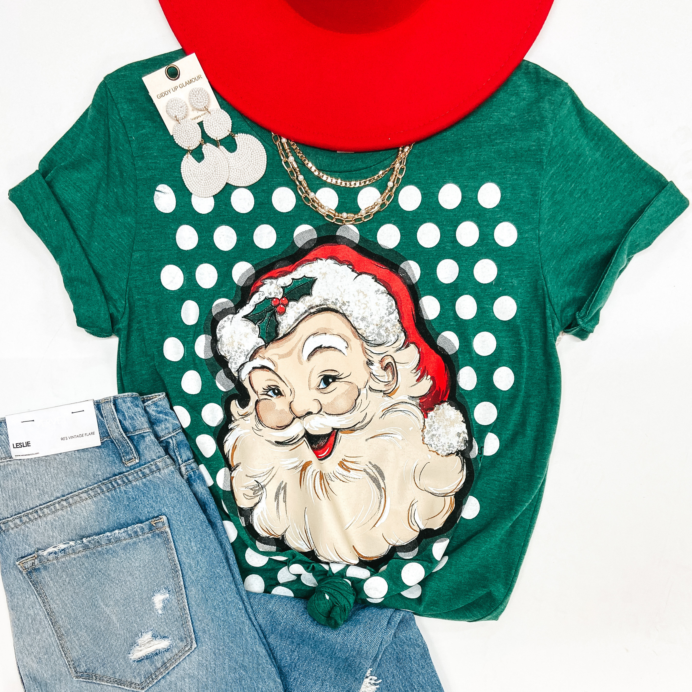 Vintage Santa Short Sleeve Graphic Tee with Polka Dots in Green - Giddy Up Glamour Boutique