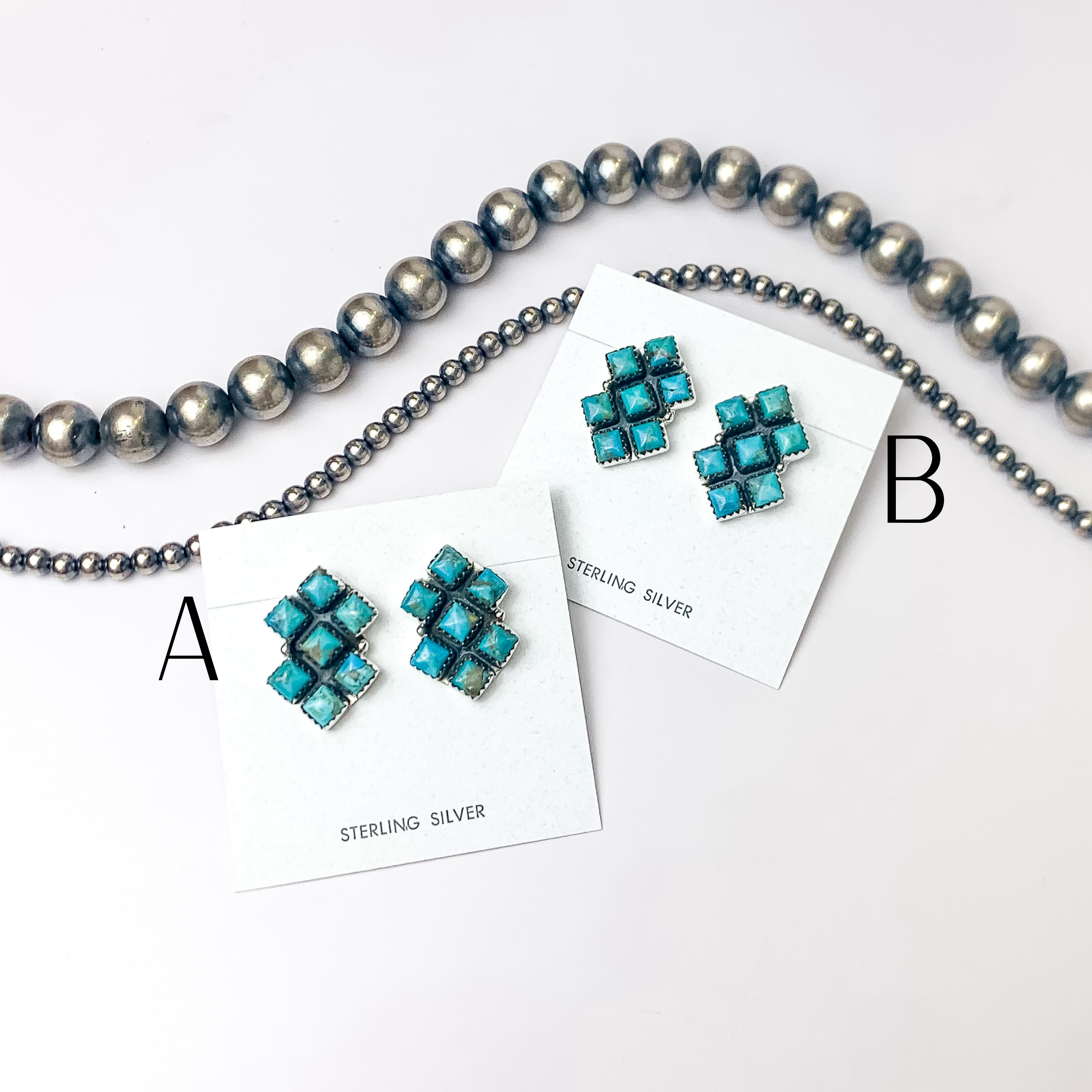 Hada Collection | Handmade Sterling Silver Square Cluster Stud Earrings with Kingman Turquoise Remix Stones - Giddy Up Glamour Boutique