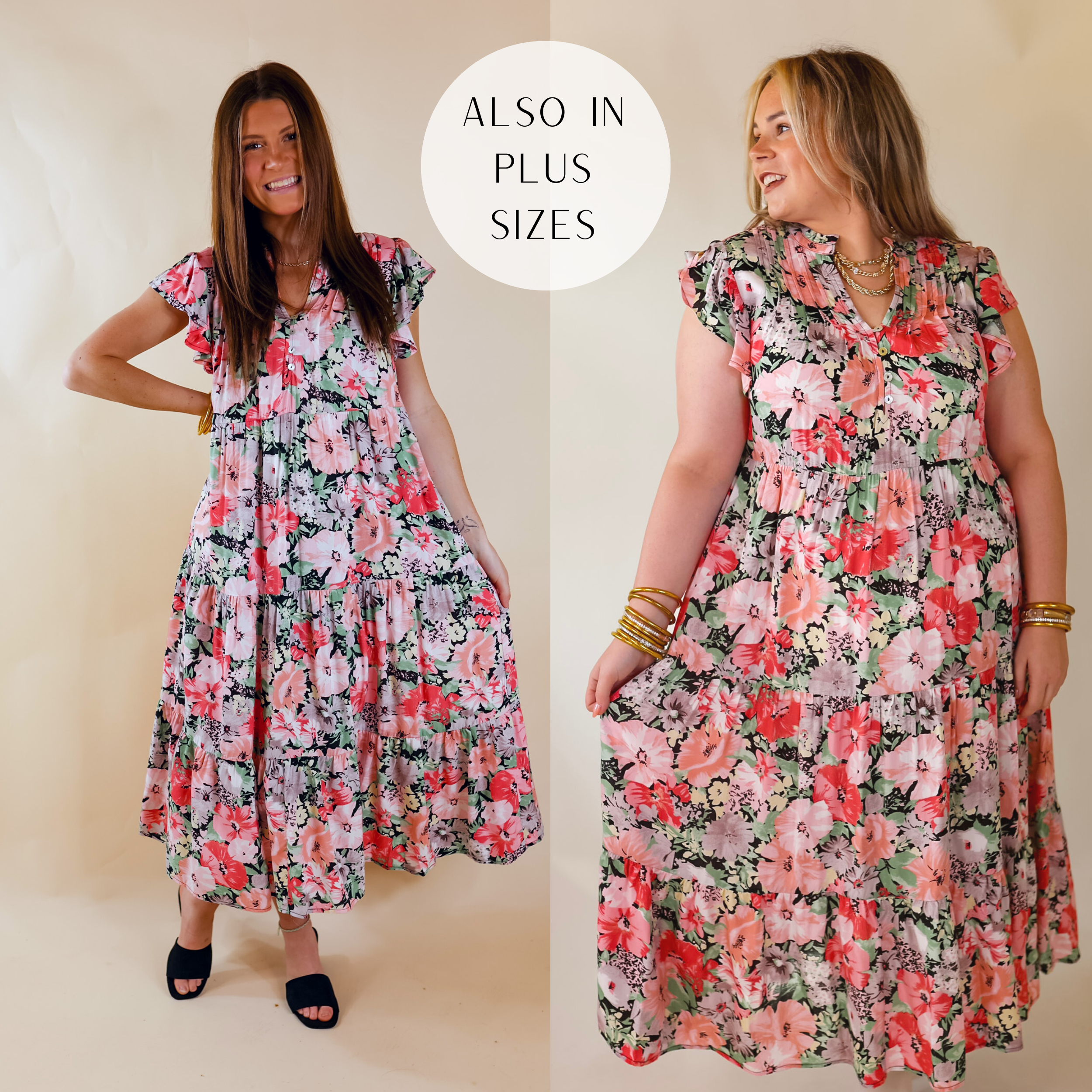 A multicolor relaxed fit midi dress. Item has a floral pattern in light pink, dark pink, pale pink with hints of dark blue/black between each flower. Also features V neckline, ruffled flowy sleeves, and pleated skirt. Item is pictured on a pale pink background