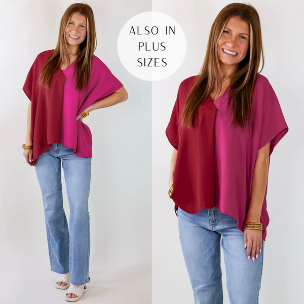 Weekend Out V Neck Placket Color Block Short Sleeve Top in Maroon and Pink