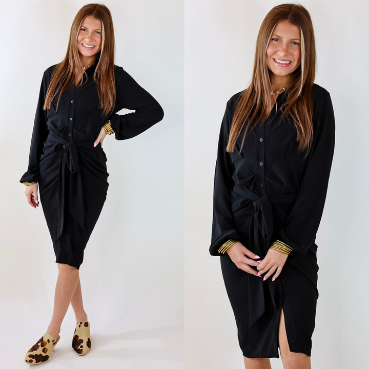 Heart On The Line Button Up Ruched Front Midi Dress with Waist Tie in Black - Giddy Up Glamour Boutique