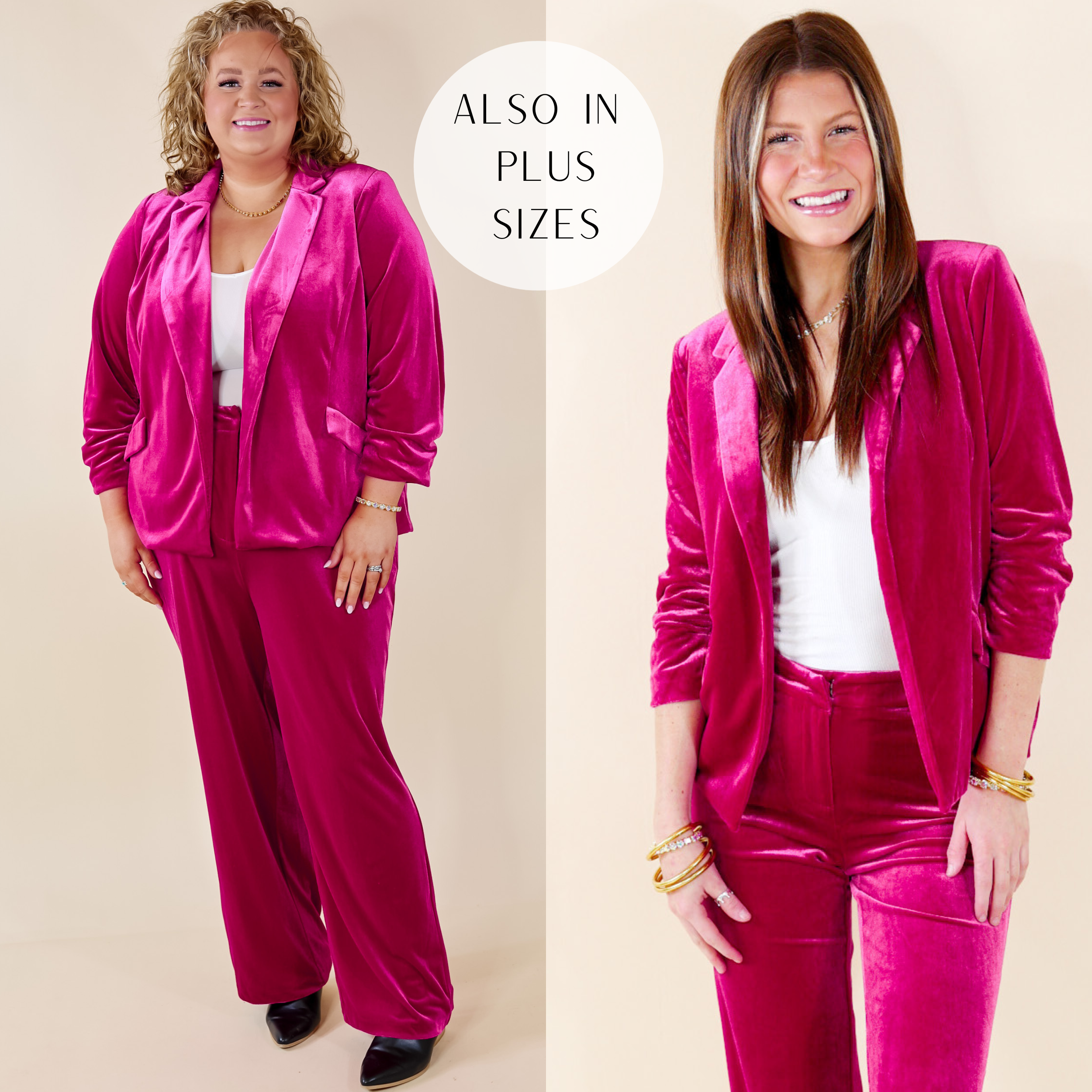 Model's are wearing pink velvet blazers. THe plus size model on the left paired the outfit with silver jewelry and black booties. Regular model paired the outfit with gold jewelry.