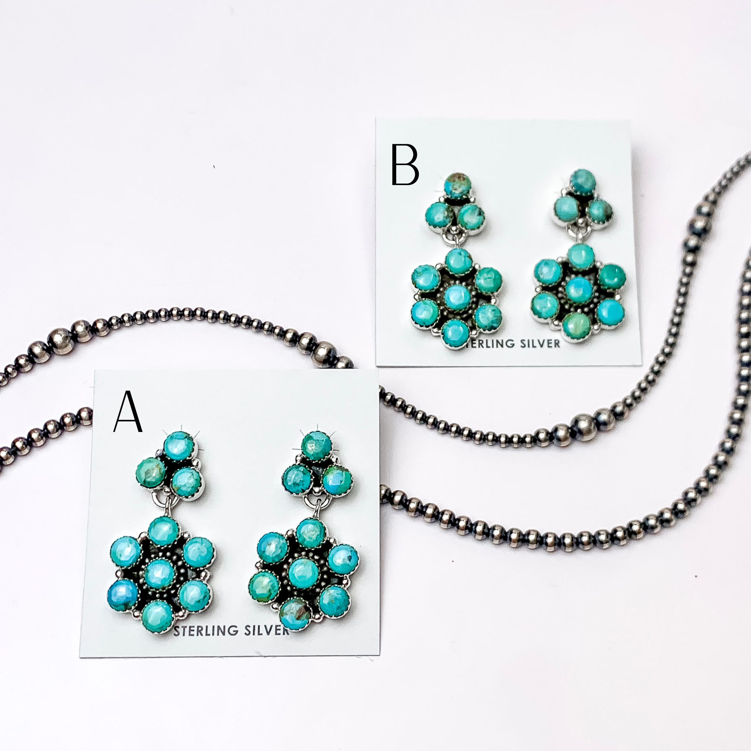 Hada Collection | Handmade Sterling Silver Cluster Drop Earrings with Kingman Turquoise Stones - Giddy Up Glamour Boutique