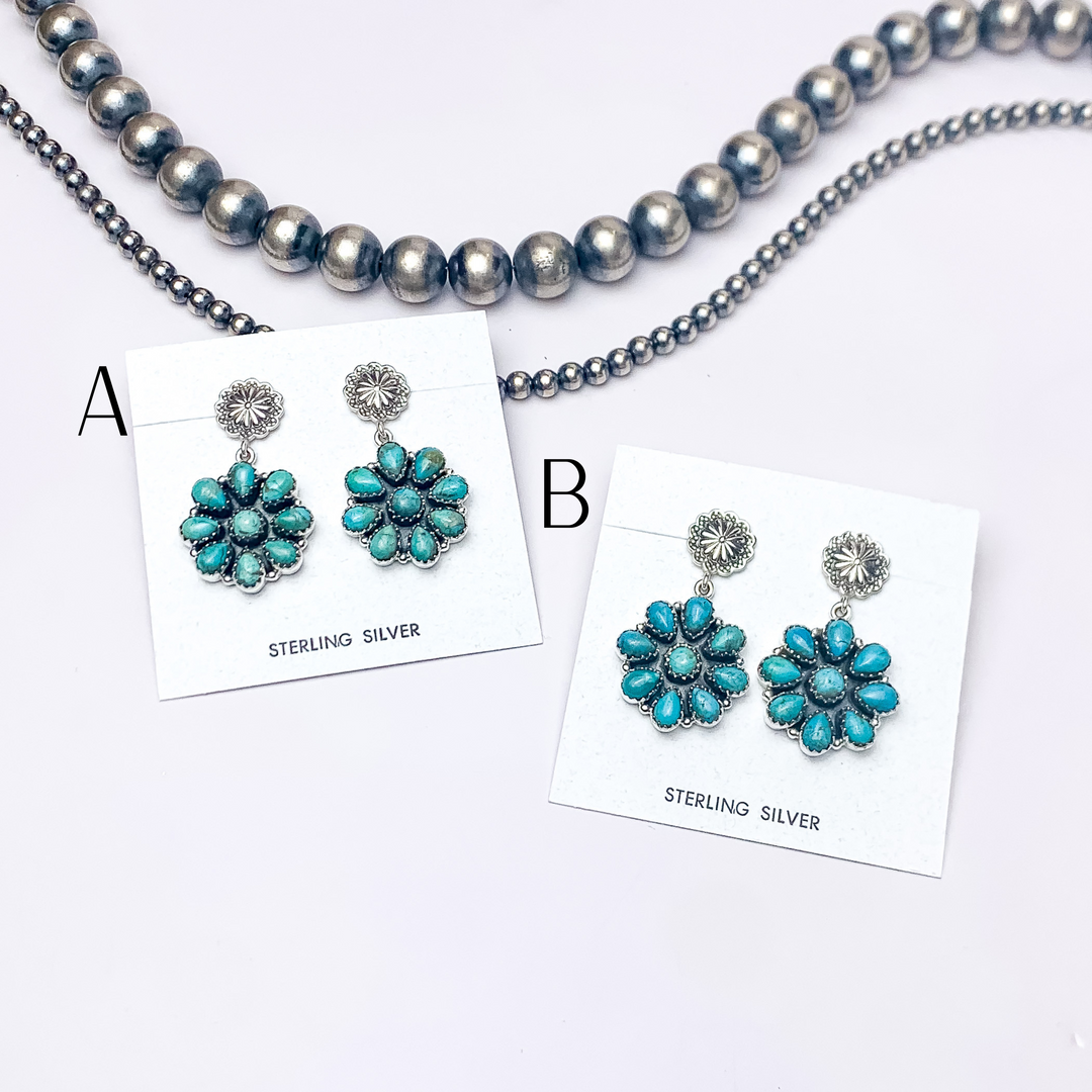 Hada Collection | Handmade Sterling Silver Circle Cluster Flower Stud Earrings with Kingman Turquoise Stones - Giddy Up Glamour Boutique