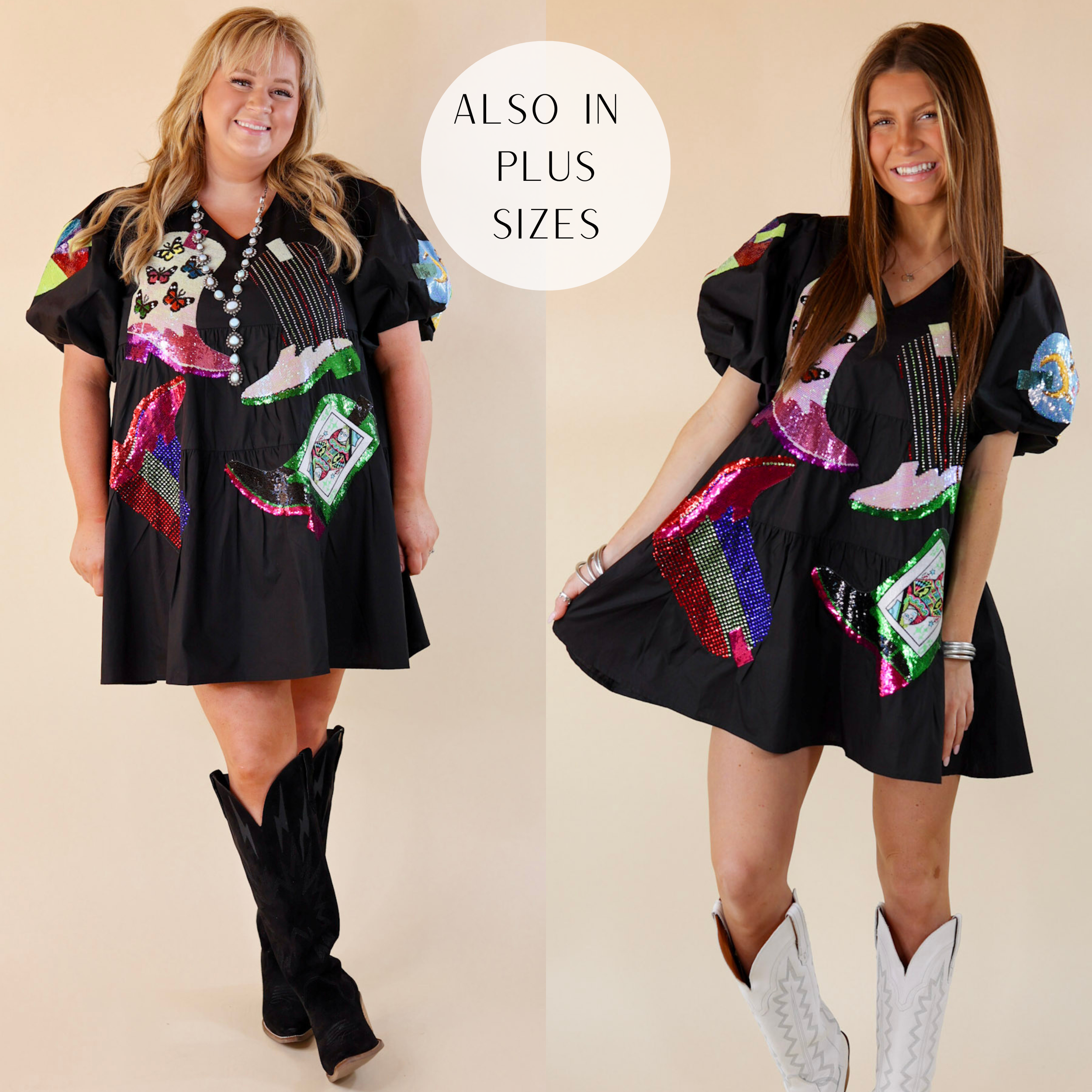 Models are wearing a black dress with balloon sleeves and covered with boot icons. Size small is has it paired with white boots and silver jewelry. Size plus is has it paired with black boots and silver Navajo jewelry.