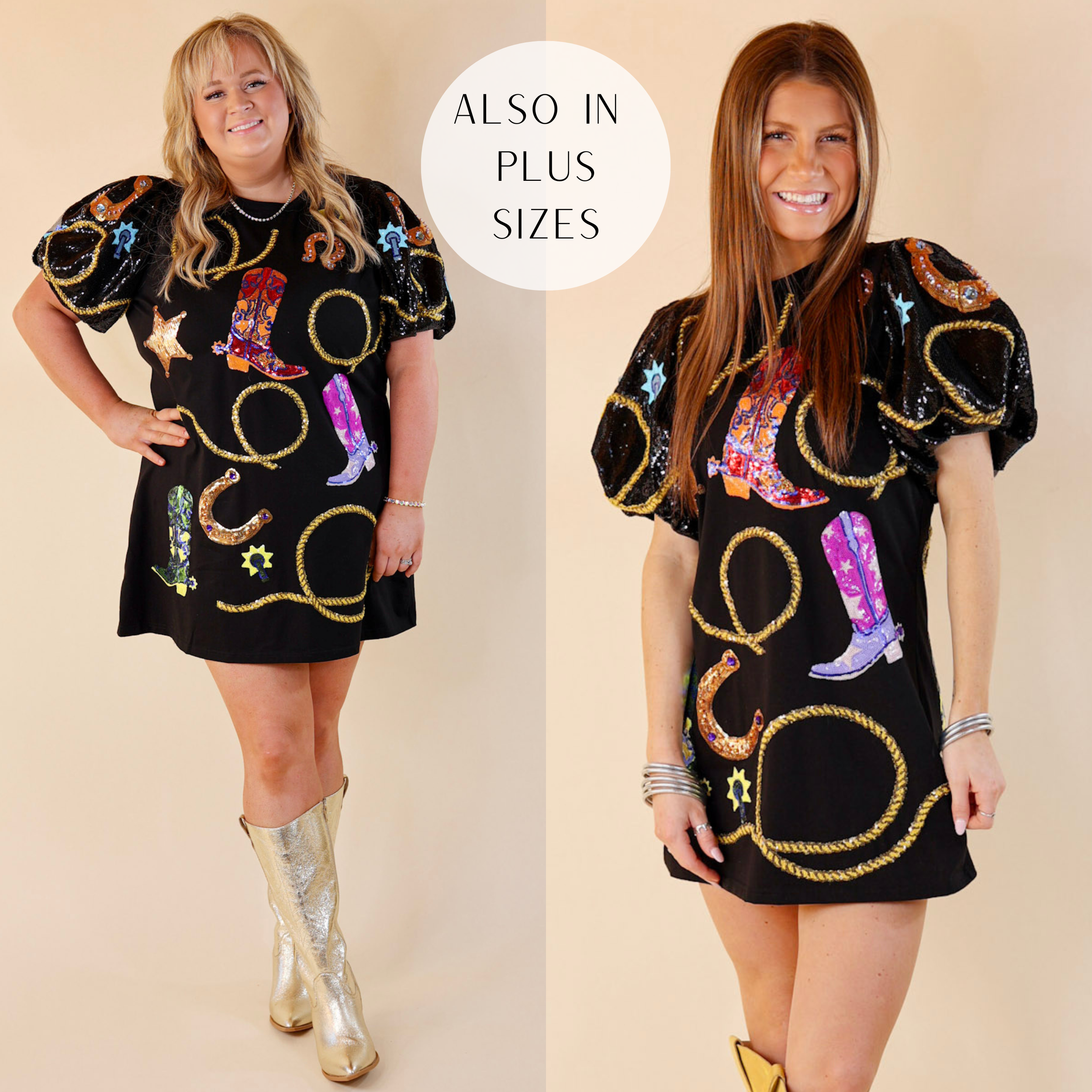 Models are wearing a black dress with sequin puff sleeves and sequin boots and rope detailing in black. Plus size model has it paired with gold boots and silver jewelry. Size small model has it paired with yellow boots and silver jewelry.