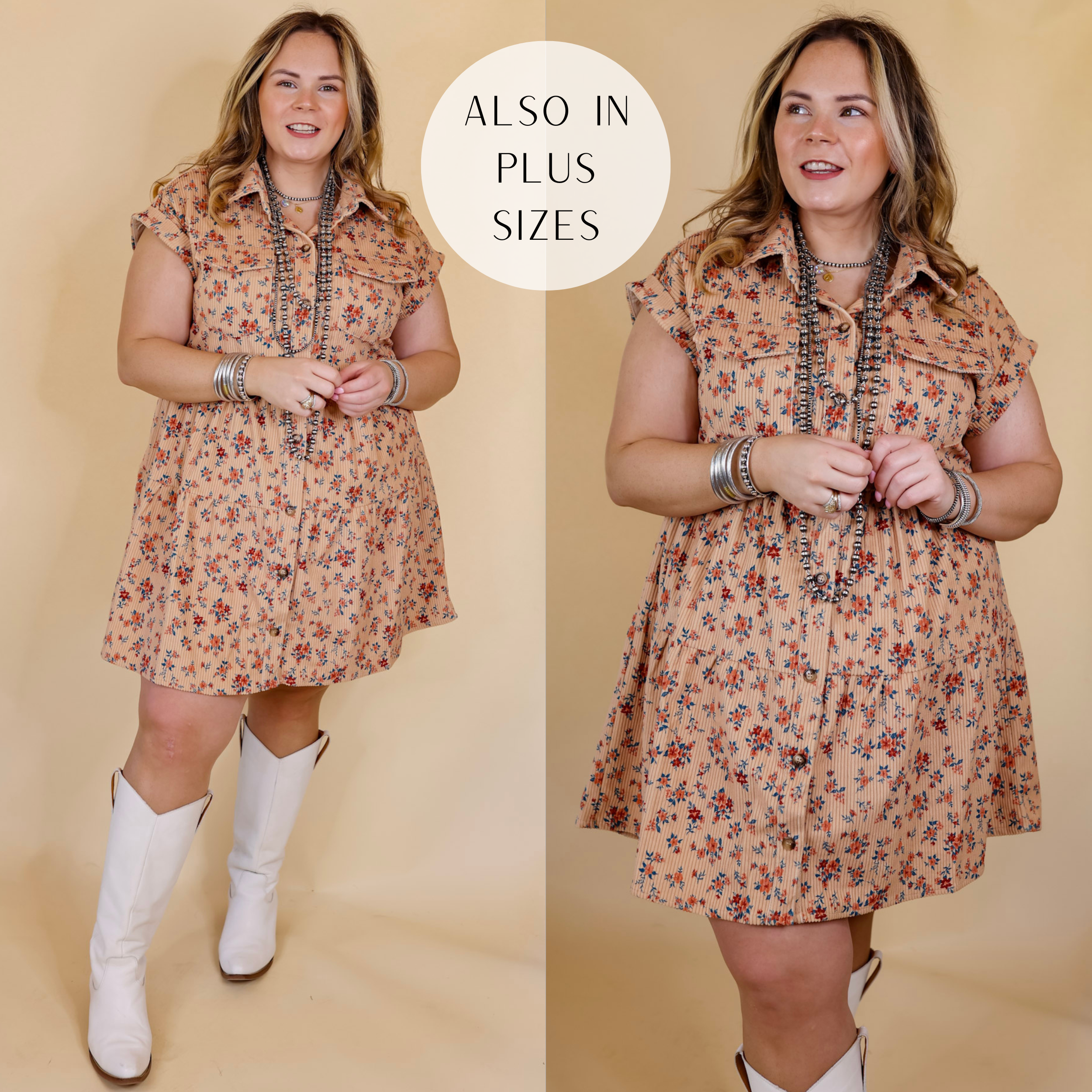 Model is wearing a button down corduroy dress in tan floral. Model has this dress paired with tall, white boots and Navajo jewelry. Background is a solid tan. 