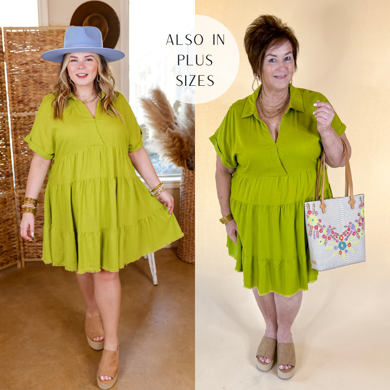 Taos Transitions Ruffle Tiered Collared Dress with Frayed Hem in Avocado Green - Giddy Up Glamour Boutique