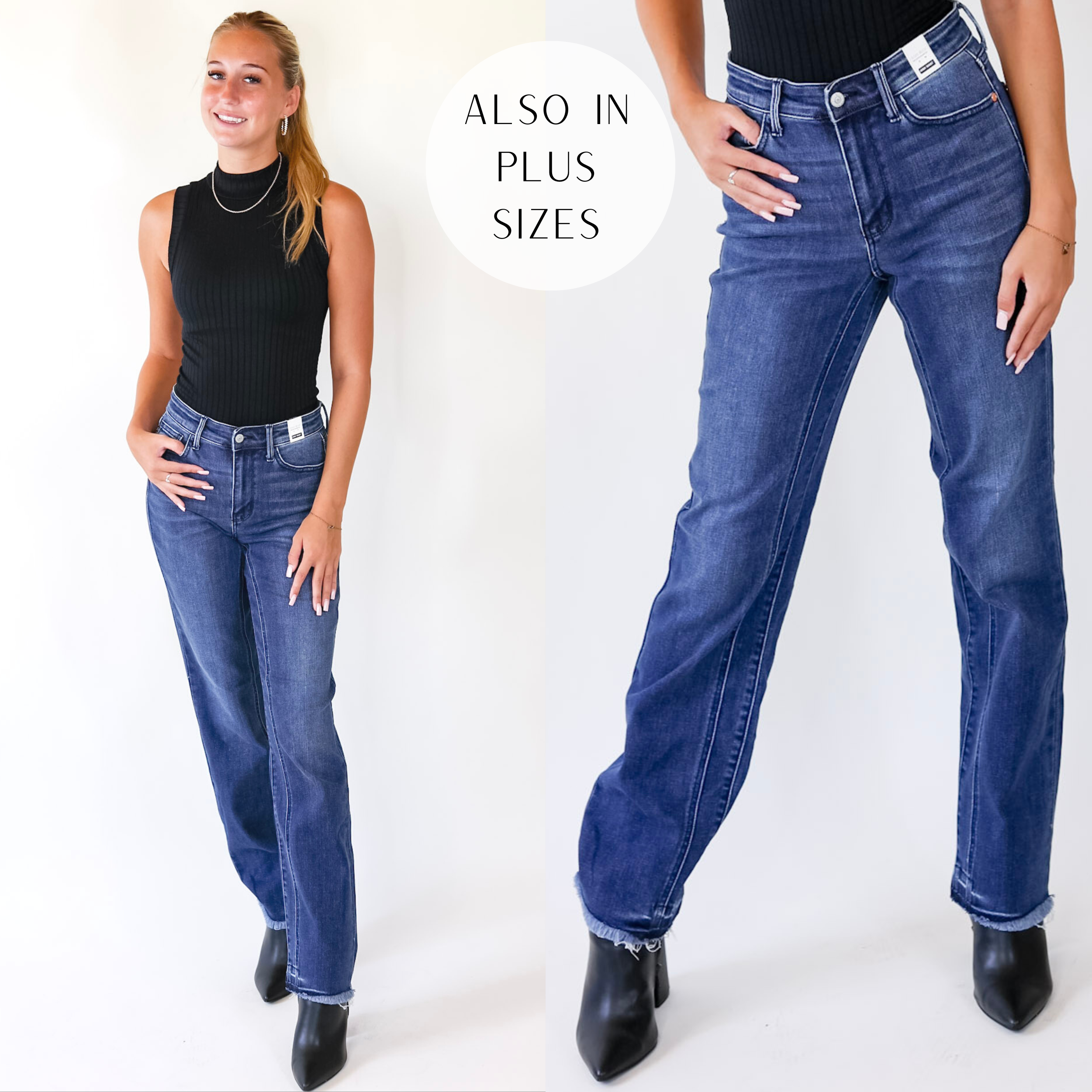 Model is wearing a pair of medium wash straight leg jeans with a raw hem. Model has these jeans paired with a black tank top, black booties, and gold jewelry.