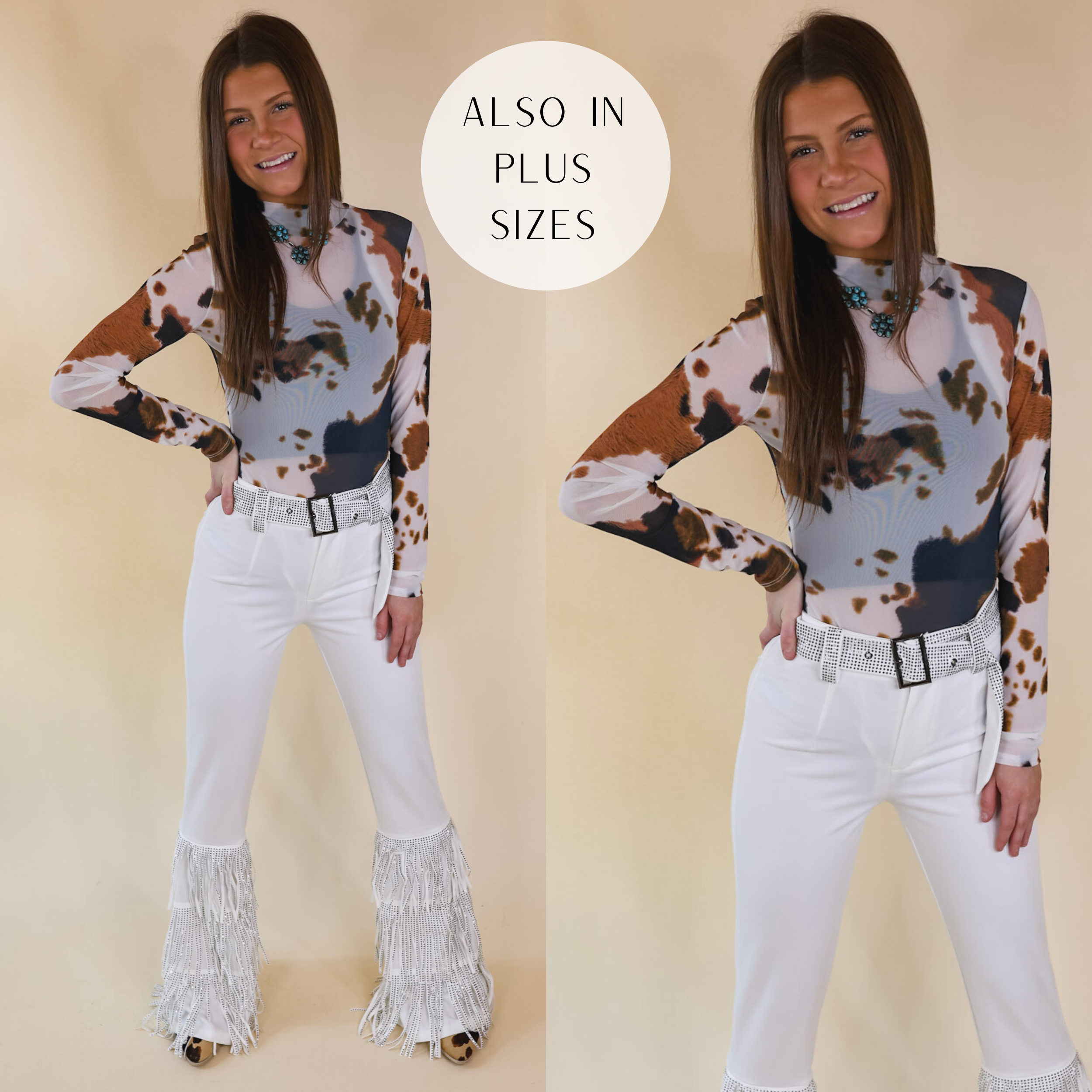Model is wearing a black, white, and brown cow print bodysuit with long sleeves and a mock neck. Model has it paired with white bell bottom pants, cow print booties, and turquoise jewelry.