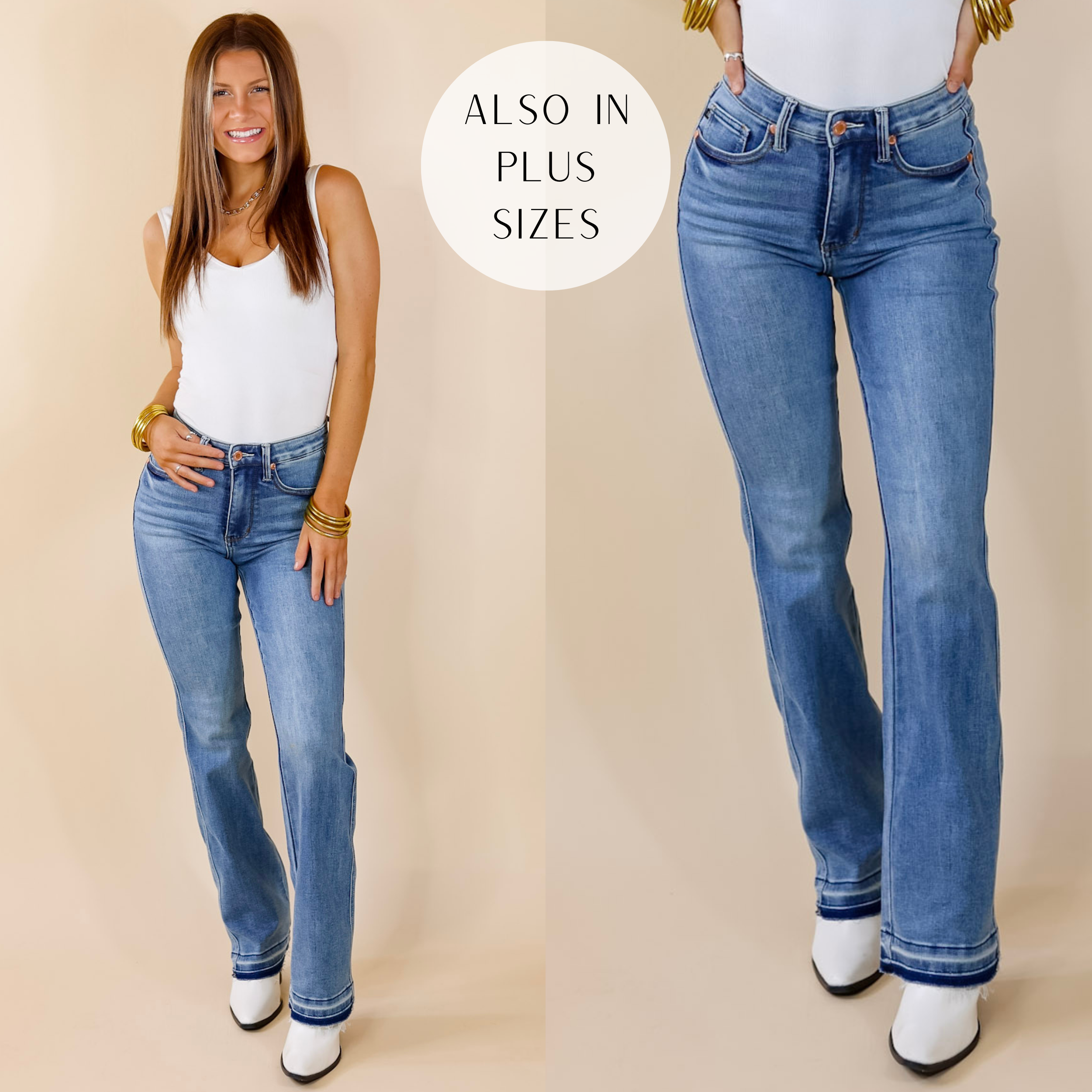 Model is wearing a pair of light wash bootcut jeans with a release hem. Model has it paired with white boots, a white tank top, and gold jewelry.