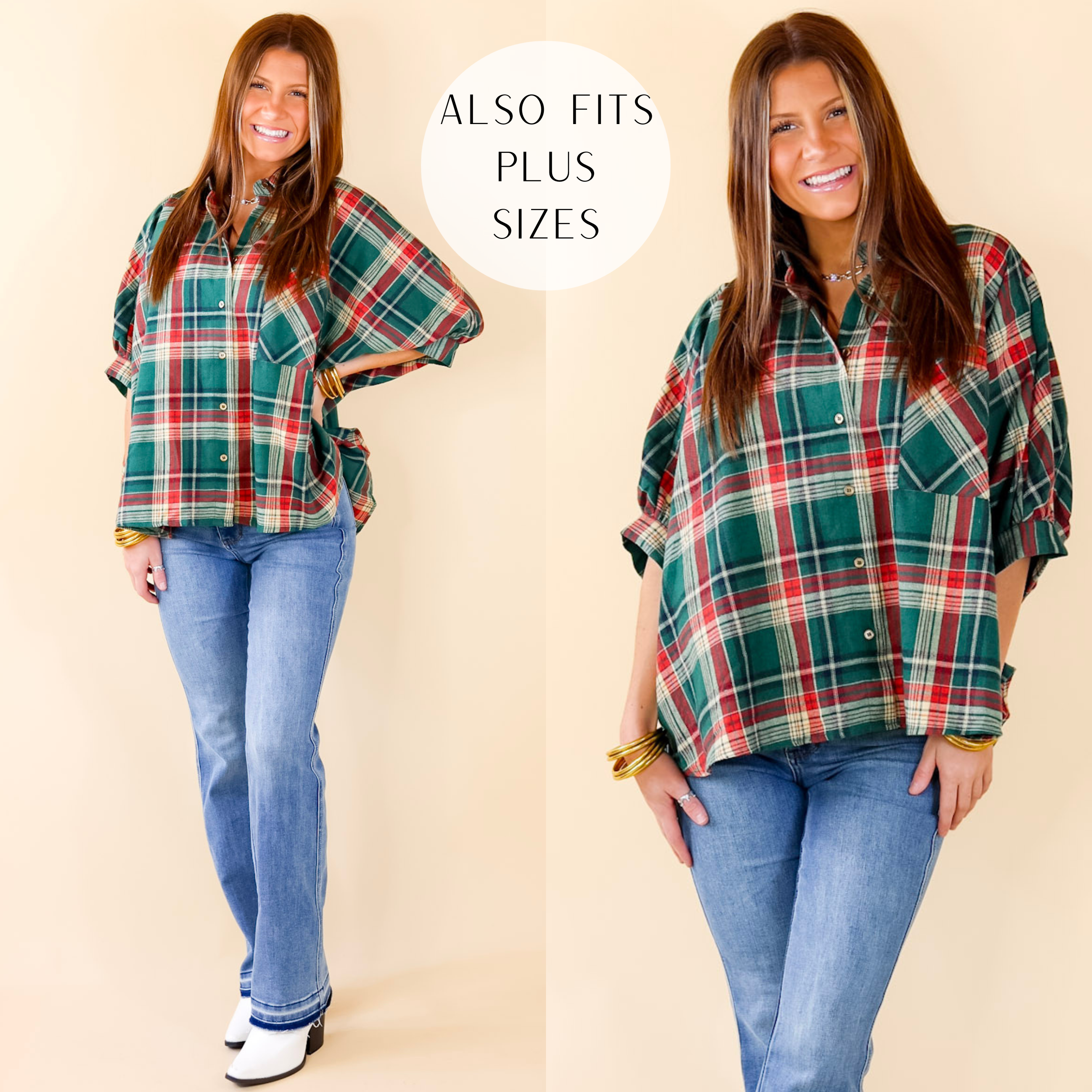 Model is wearing a button up plaid poncho top in green. Model has it paired with bootcut jeans, white booties, and gold jewelry.