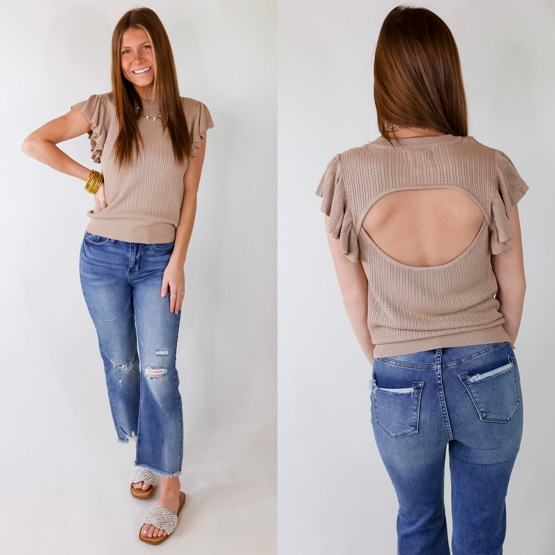 Coffee Date Knit Top With Ruffled Sleeves in Mocha - Giddy Up Glamour Boutique