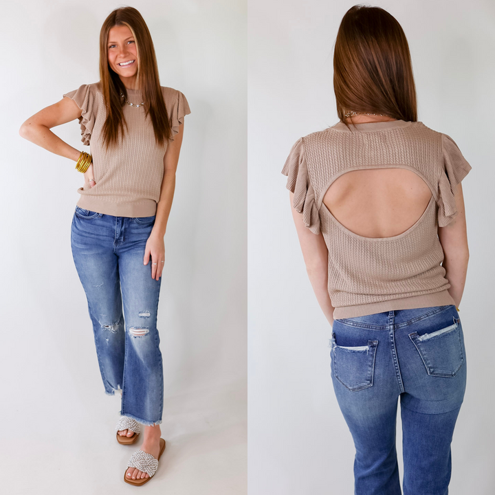 Coffee Date Knit Top With Ruffled Sleeves in Mocha - Giddy Up Glamour Boutique