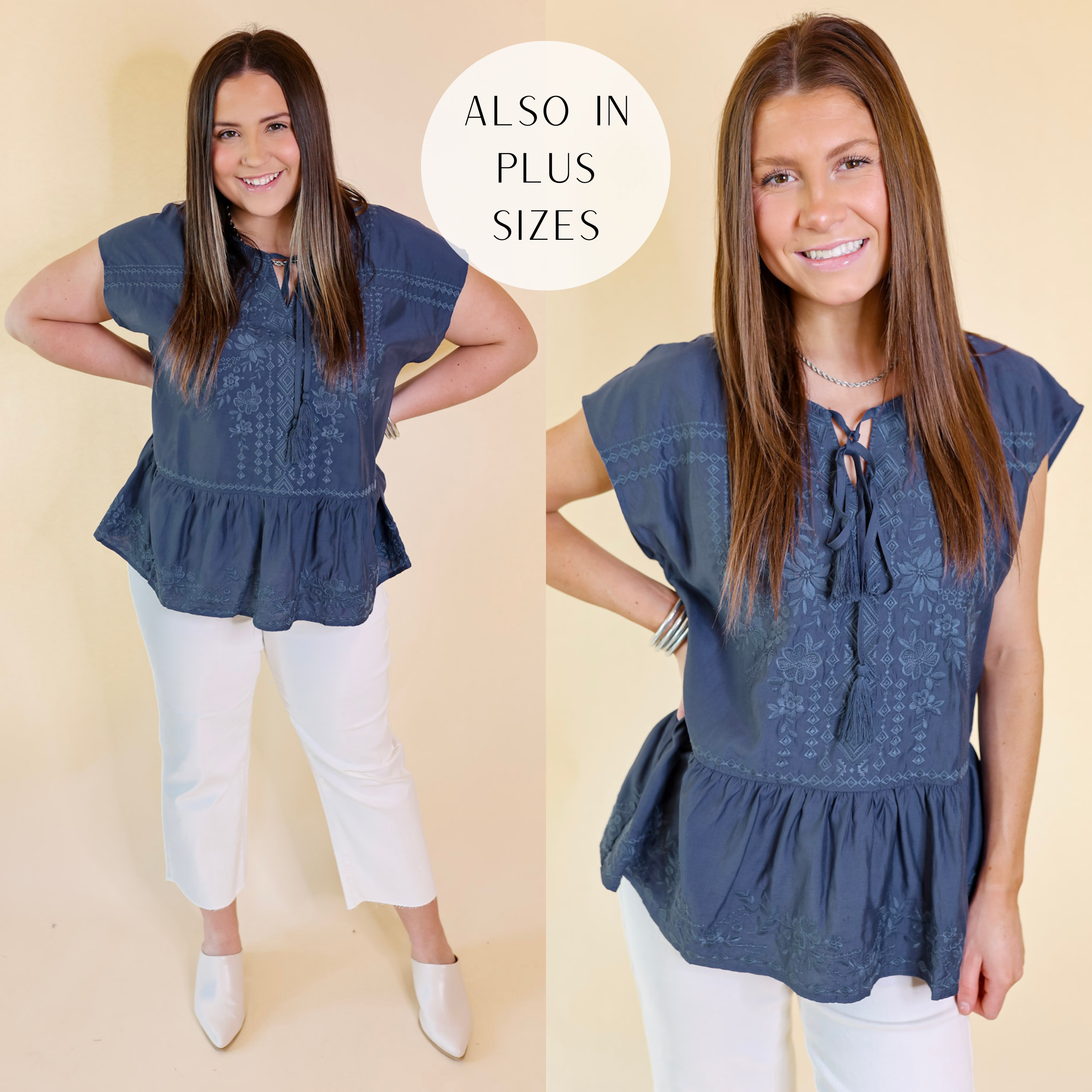 Models are wearing a navy blue peplum top with a front keyhole and navy embroidery on the front. Both models have this top paired with white jeans, white mules, and silver jewelry.