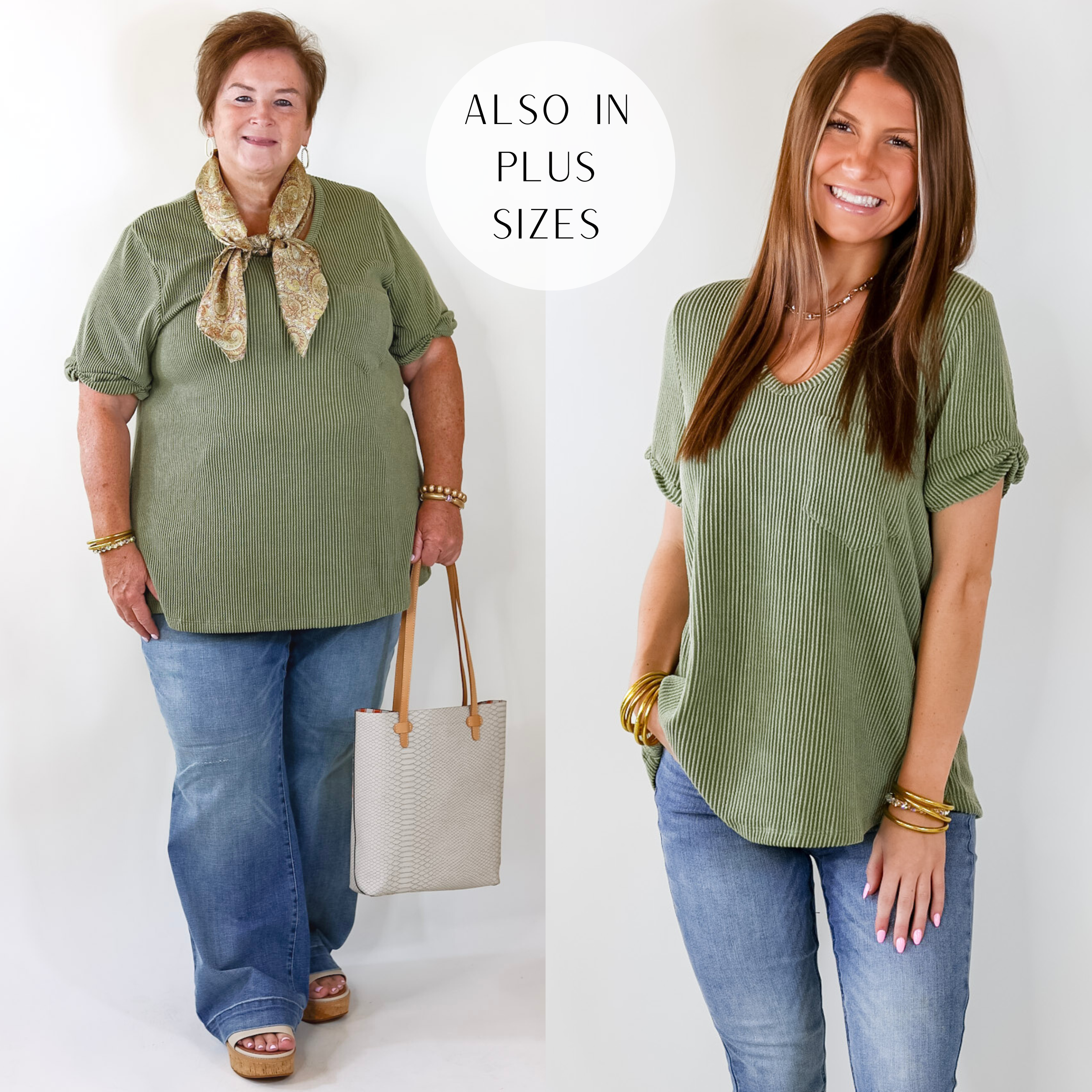 Model is wearing a ribbed short sleeve top in olive green. Model has this top paired with skinny jeans, tan wedges, and gold jewelry.