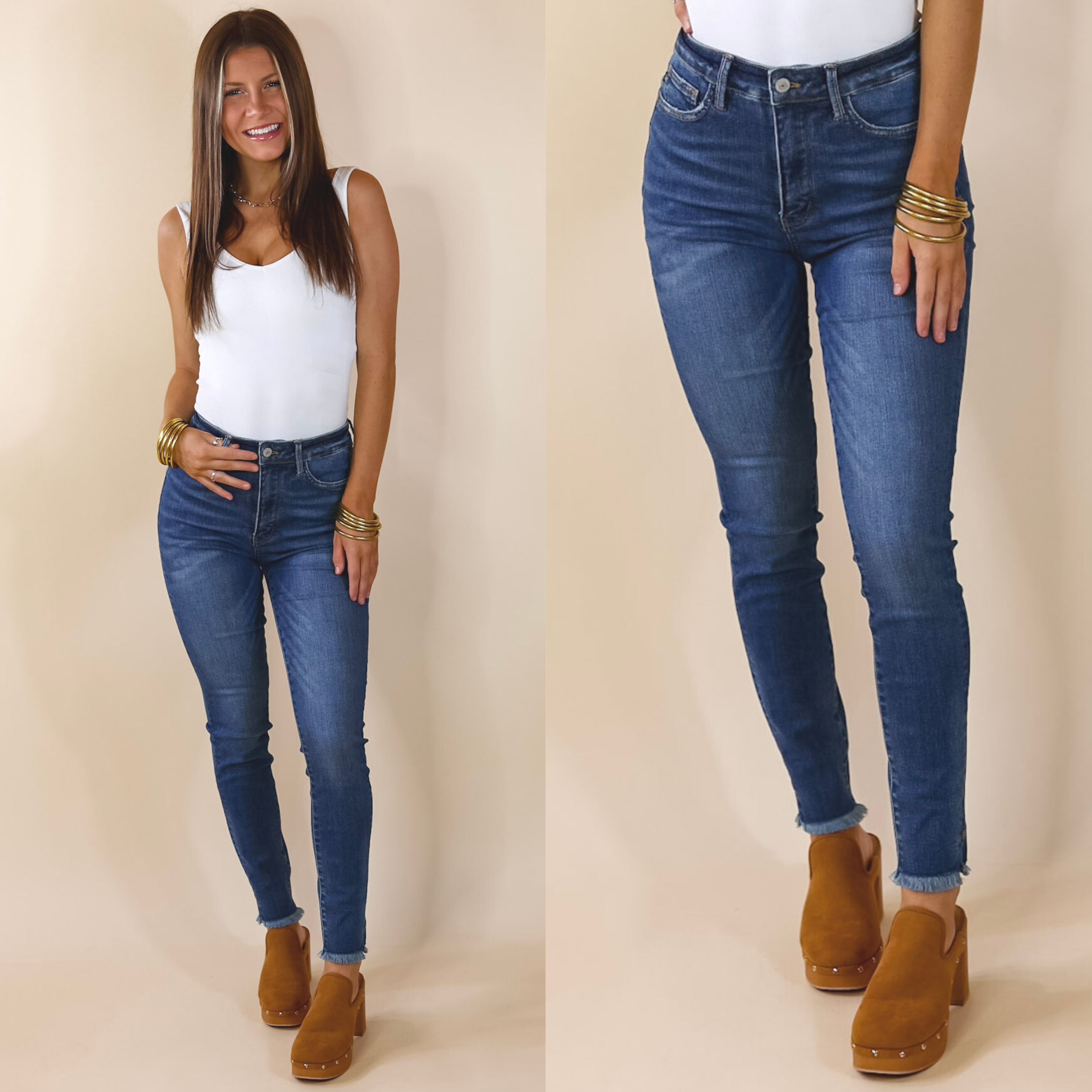 Model is wearing a pair of medium wash skinny jeans with a raw hem. Model  has it paired with tan clogs, a white bodysuit, and gold jewelry.