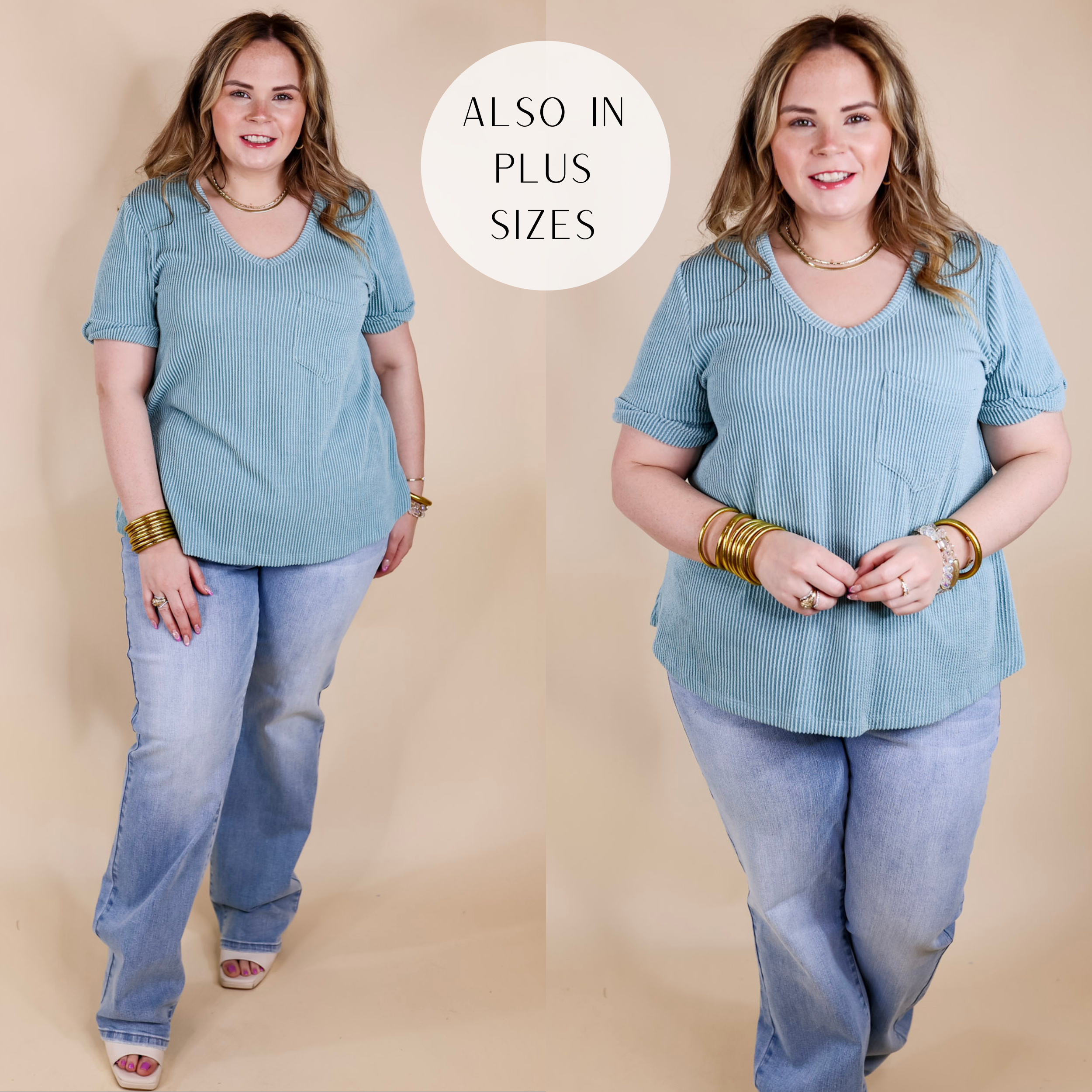 Model is wearing a short sleeve ribbed top with a v neckline and chest pocket. Model has this top paired with light wash jeans, white heels, and gold jewelry.