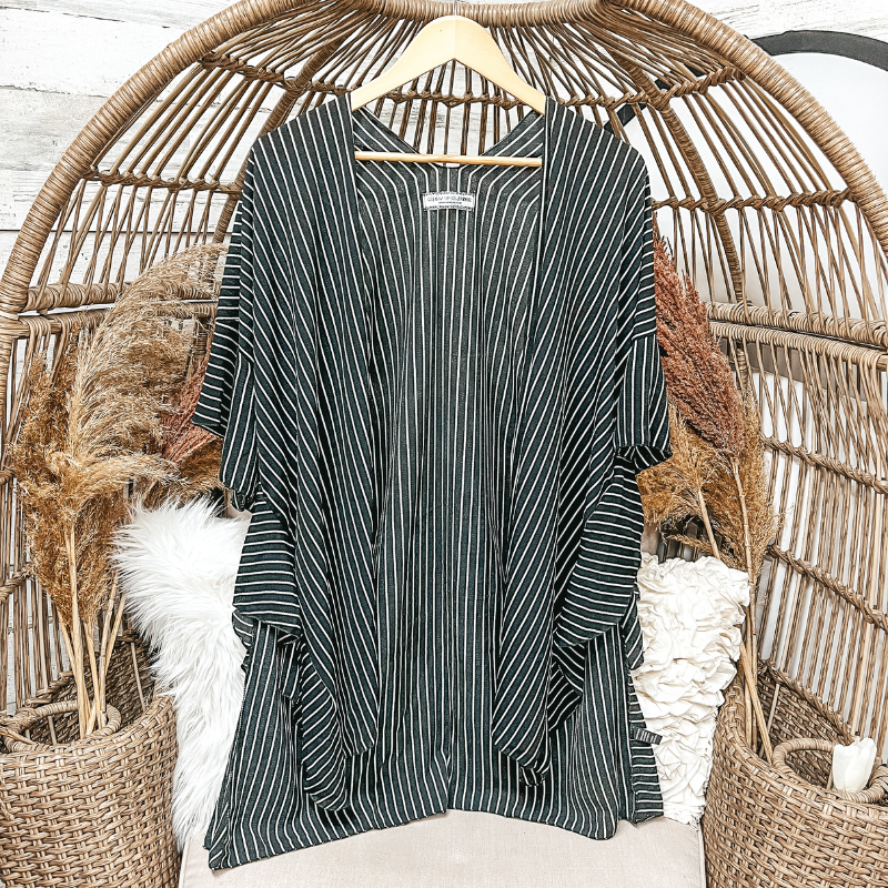 Short Drop Ruffle Sleeve Striped Kimono in Black - Giddy Up Glamour Boutique