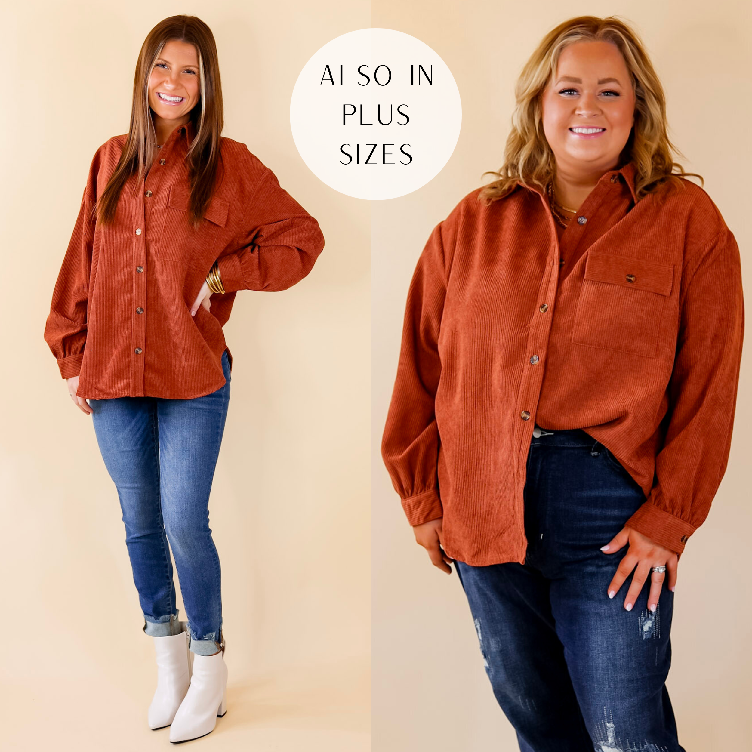 Model is wearing a button up corduroy shacket with long sleeves and a collared neckline. Model has this shacket paired with denim skinny jeans and white booties.