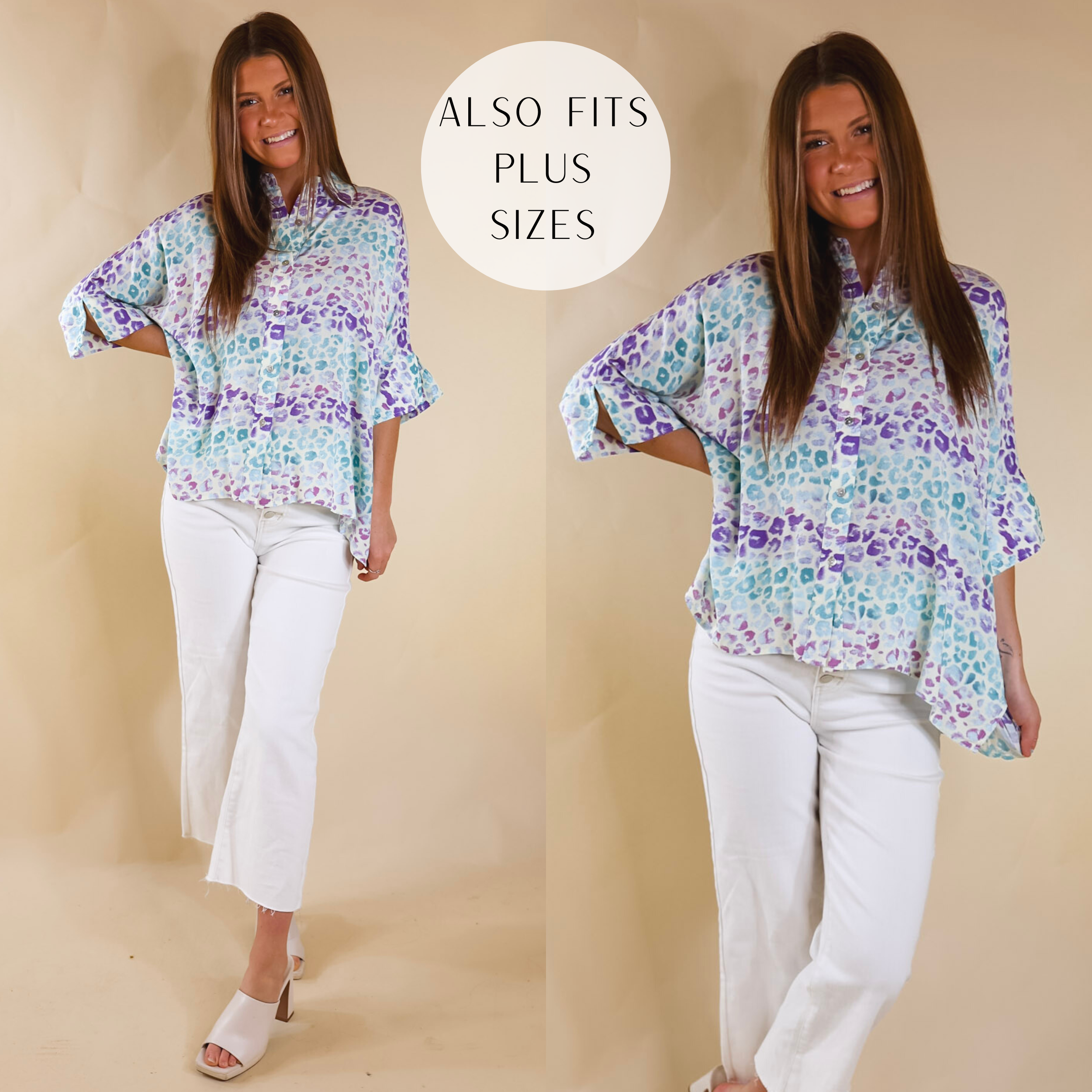 A white button up top with a multi layer of leopard print in purple and turquoise. Also features half length flowy sleeves, a button up collar, and a relaxed loose fit. Item is pictured on a pale pink background.