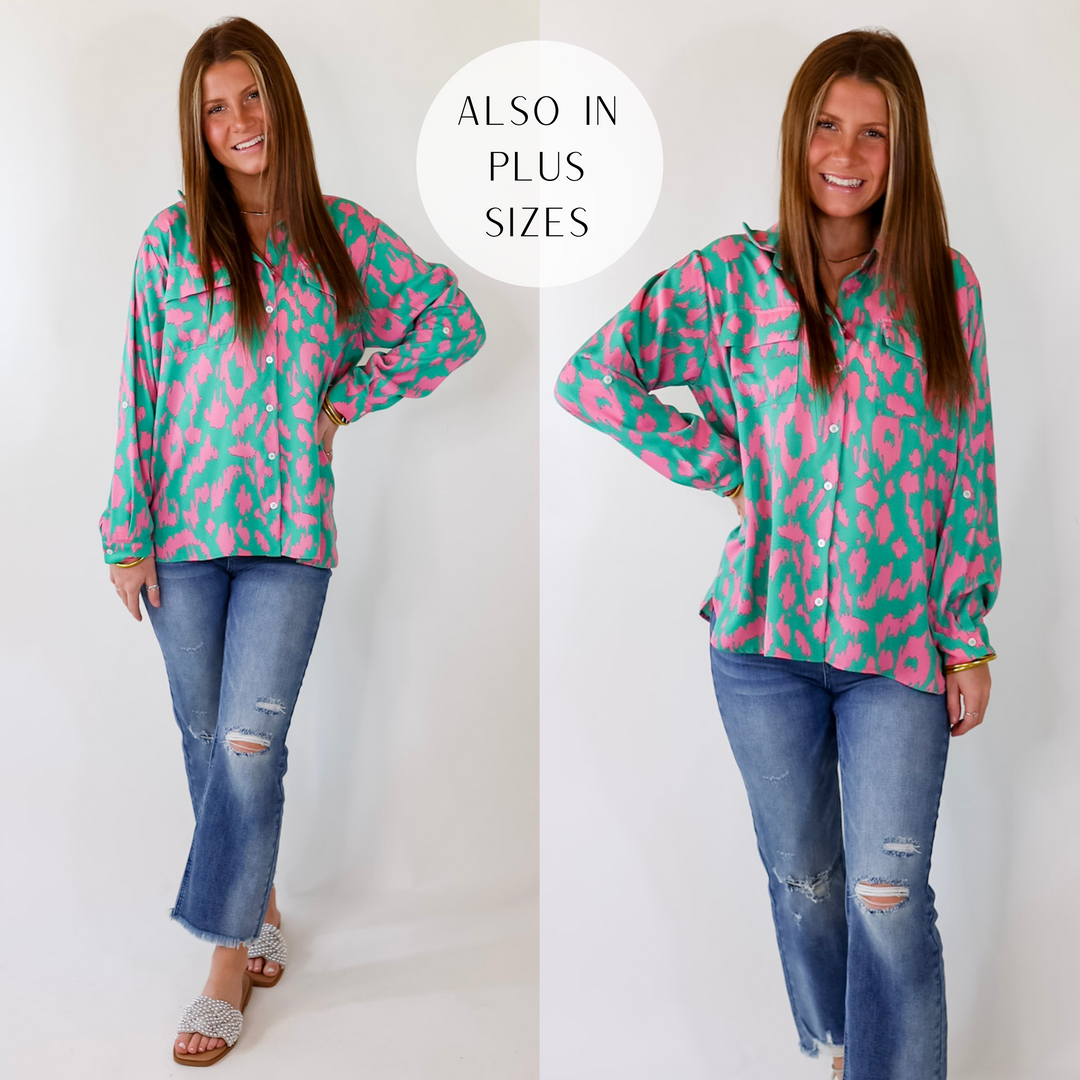 Fun and Adventurous Button Up Top With Pink Abstract Leopard Print In Green - Giddy Up Glamour Boutique