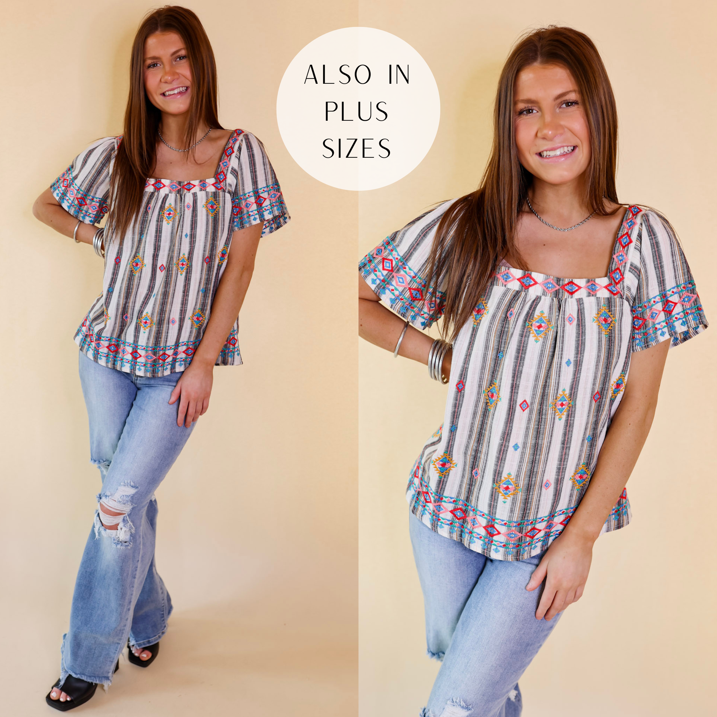 Model is wearing a black and ivory striped top with short sleeves, a square neckline, and tribal embroidery. Model has this top paired with distressed jeans, black heels, and silver jewelry.