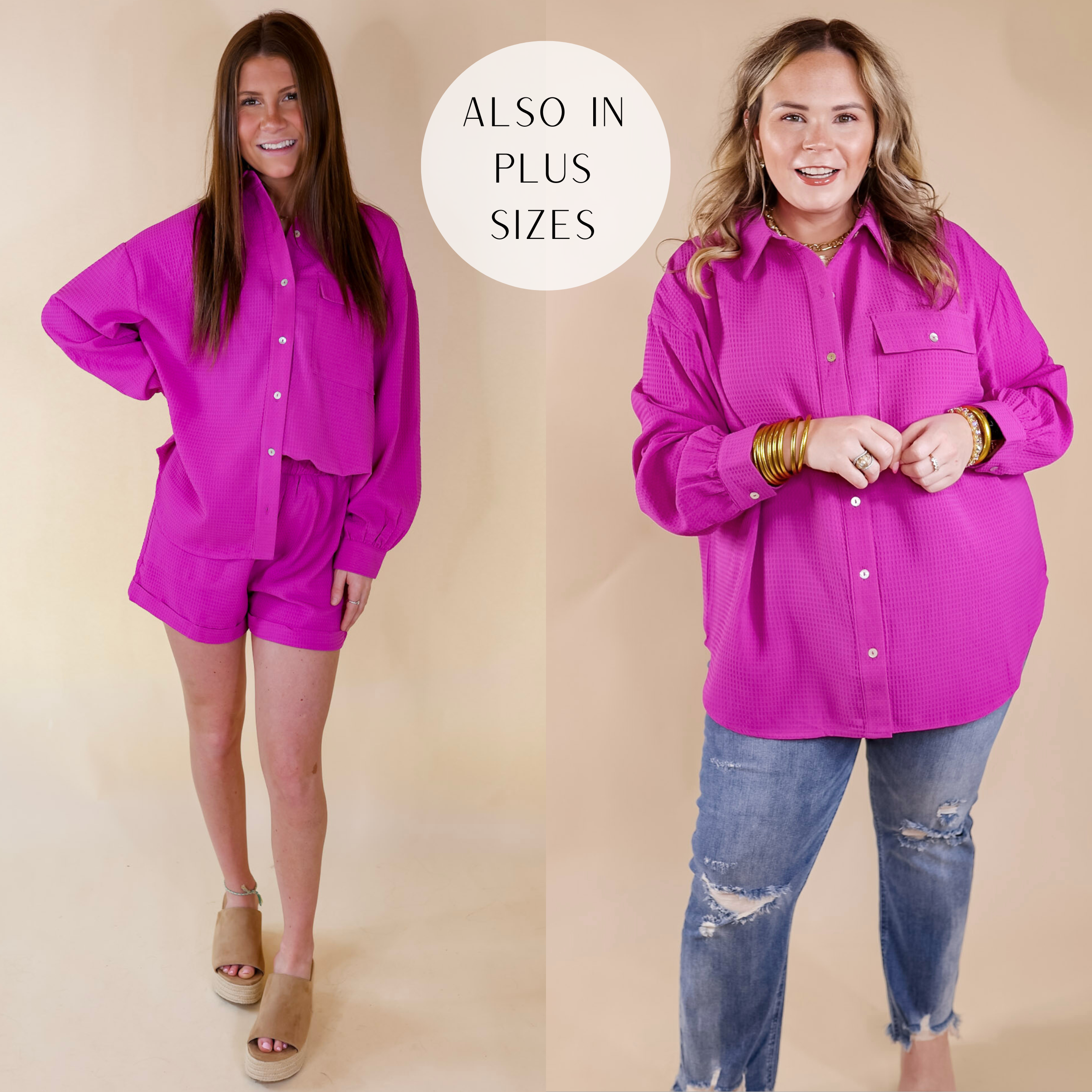 Escaping Ordinary Waffle Weave Button Up Top in Orchid Purple